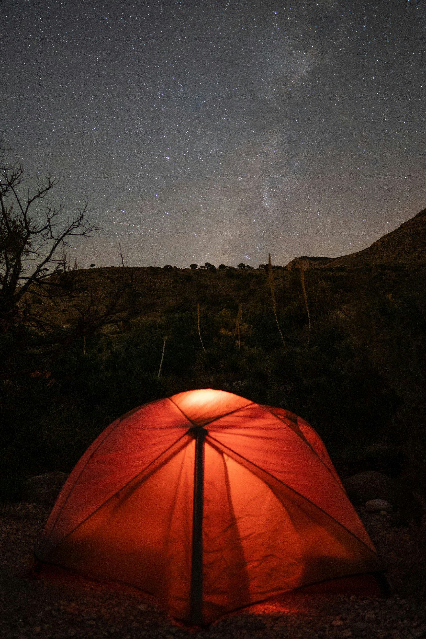 A tent in the foreground is illuminated from inside as a sky full of stars and metors stands out above