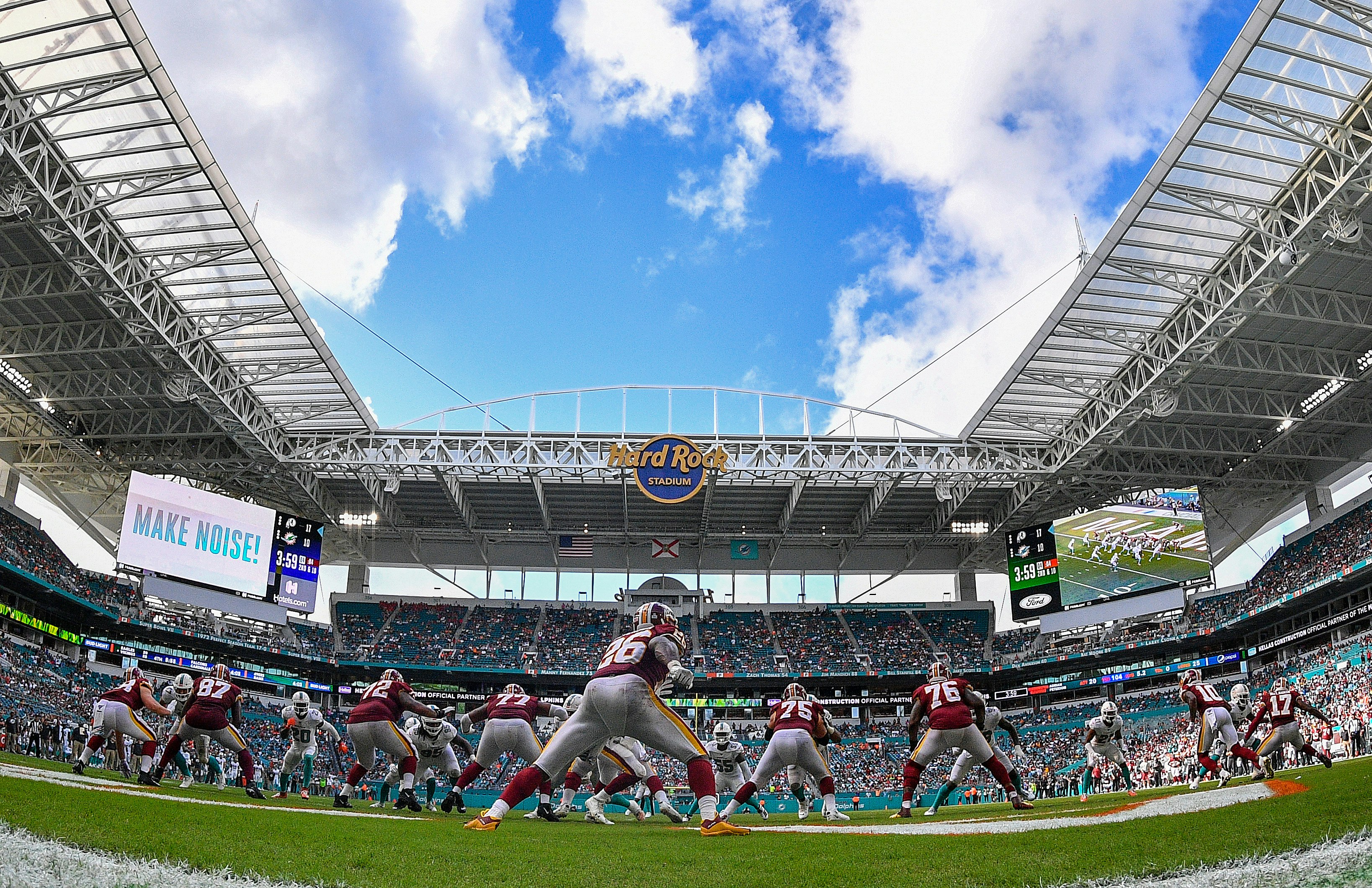 The Washington football team and the Miami Dolphins compete in Hard Rock Stadium near Miami