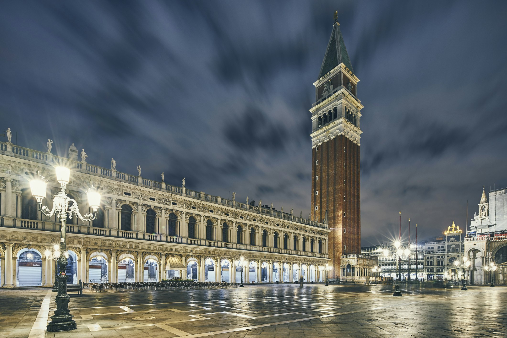 St Mark's campanile and the Biblioteca Nazionale Marciana at night