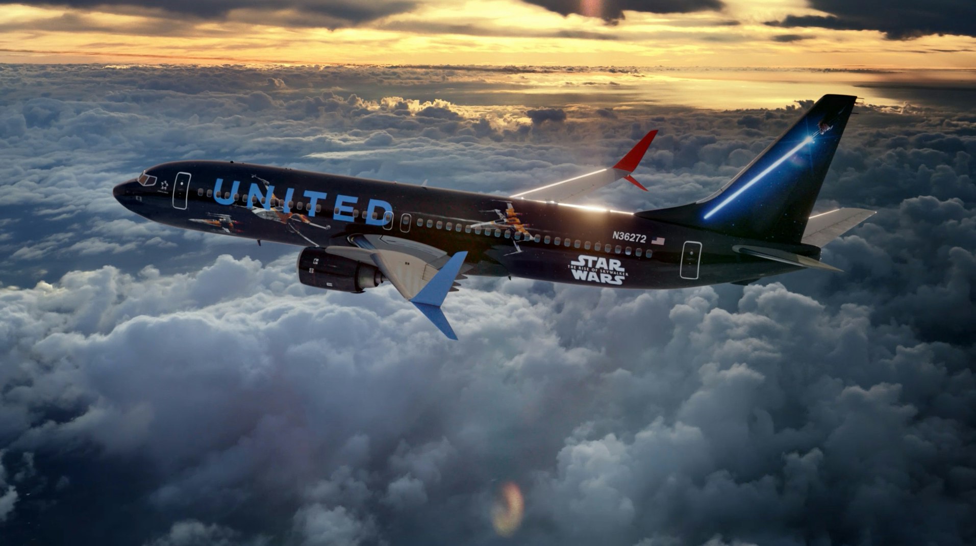 United Airlines Star Wars-themed plane in the sky, featuring lightsabers on the tail