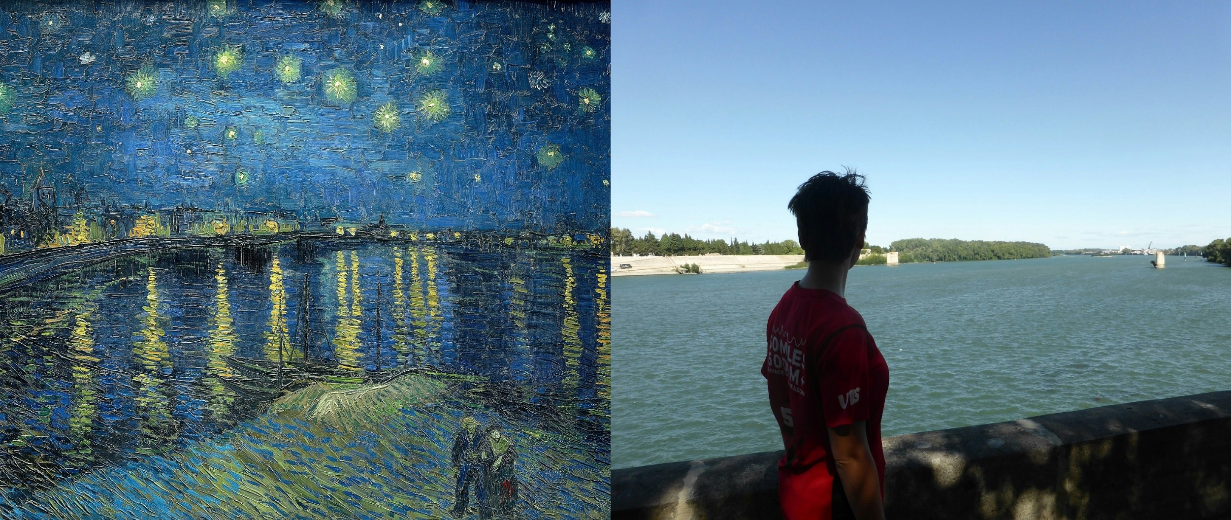 Van Gogh's famous Starry Night over the Rhone painting on the left, with deep blues, both for the flowing river and night sky - it's punctuated with huge yellow stars and streetlights reflecting off the water. The image on the right is writer Alecsa staring at the same view during the day.