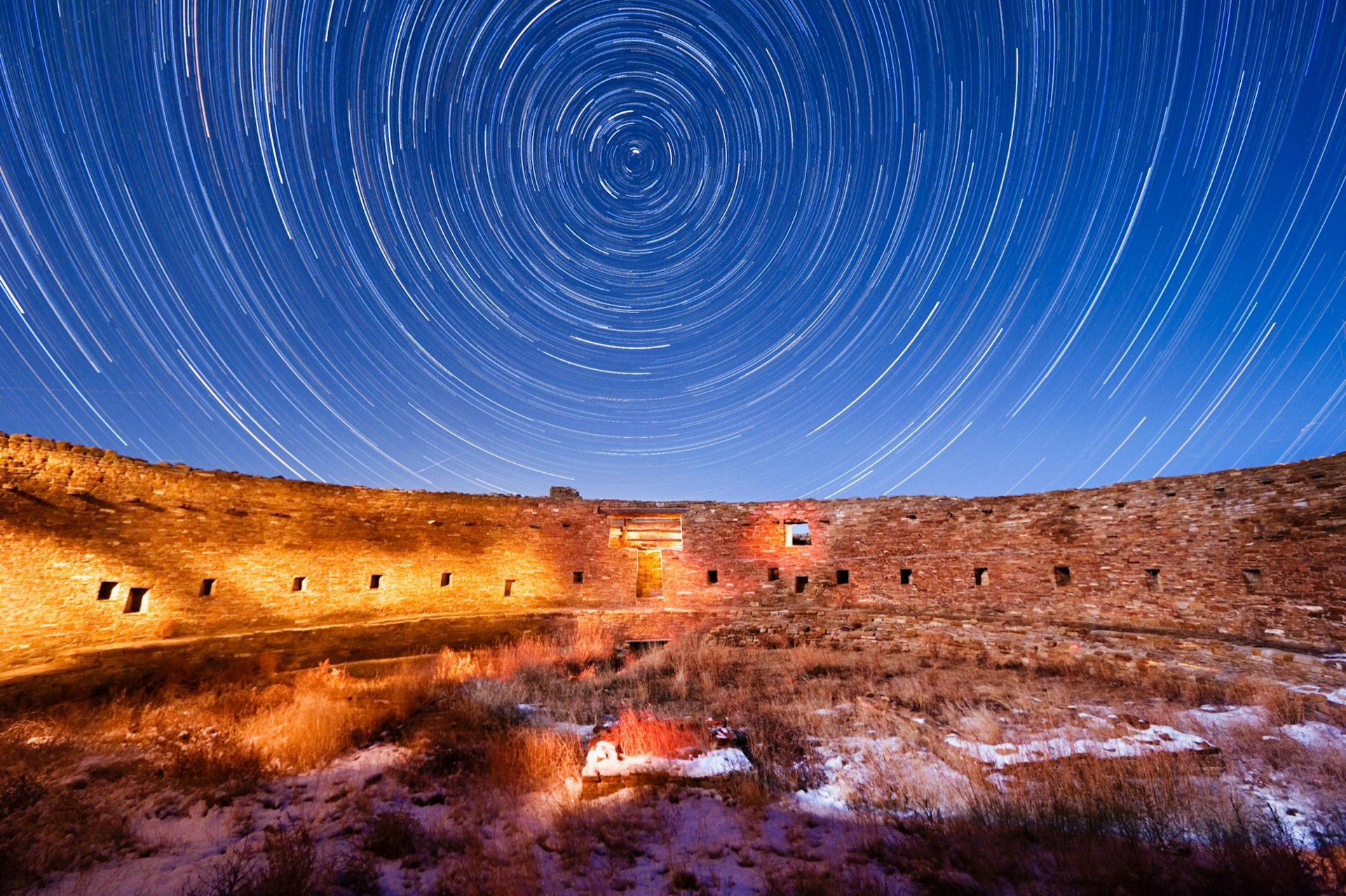 Time lapse photo of Casa Rinconada with star paths.