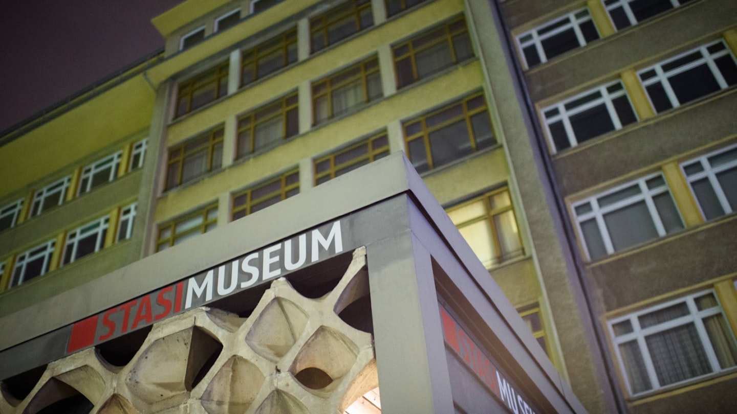 The entrance to the Stasi Museum in House 1 of the former headquarters of the Ministry for State Security of the former German Democratic Republic (GDR) is illuminated in the evening. Burglars have stolen orders and jewellery from the Stasi Museum in Berlin.