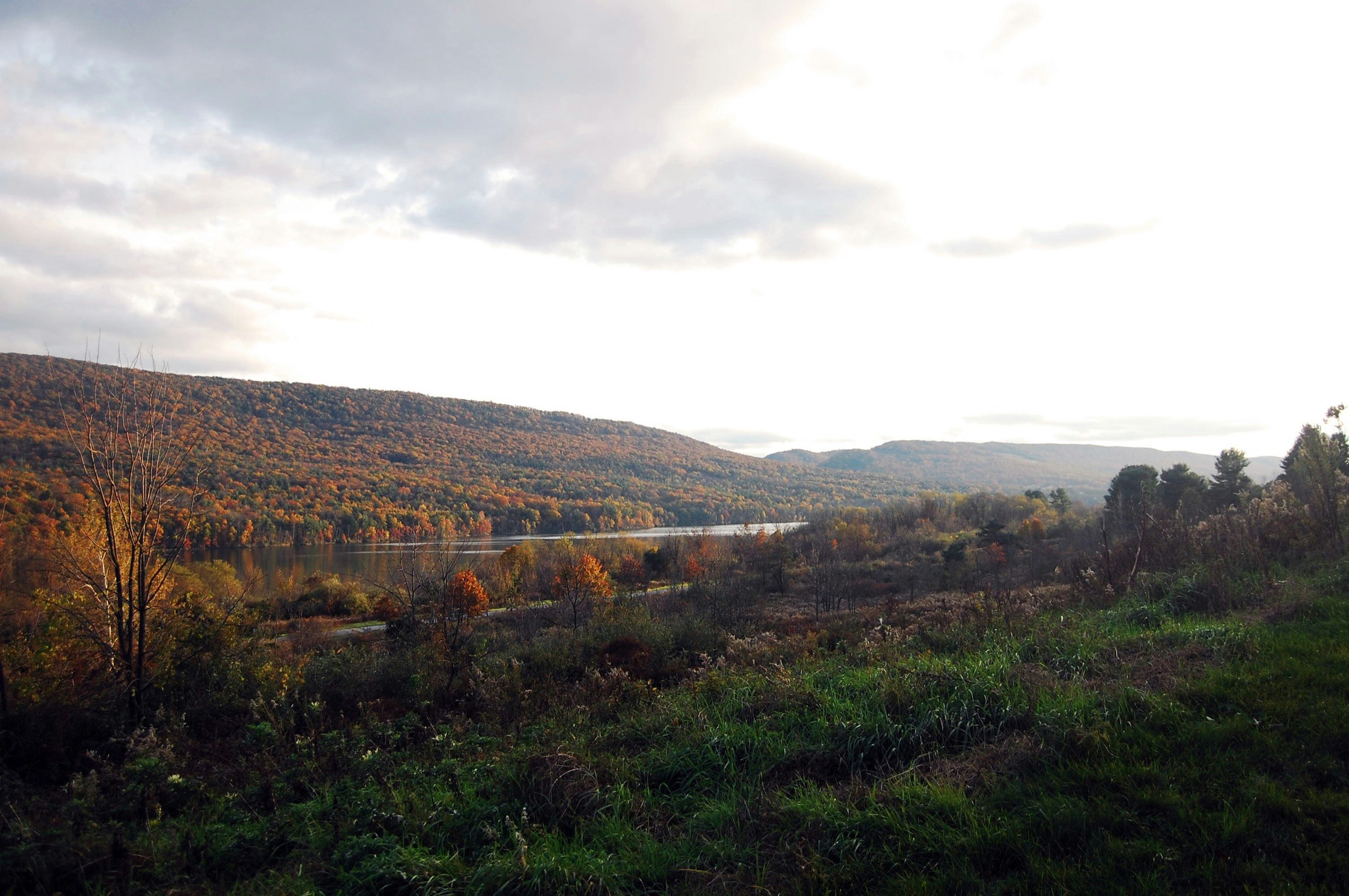 En flod rinner nedanför en kulle eller ett lågt berg täckt av höstlövverk;  Fall i State College Pennsylvania