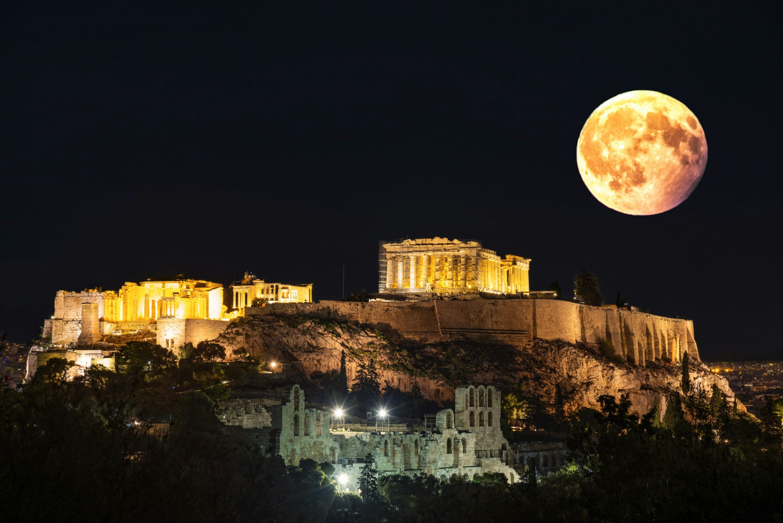A super moon over the Acropolis in Athens, Greece 
