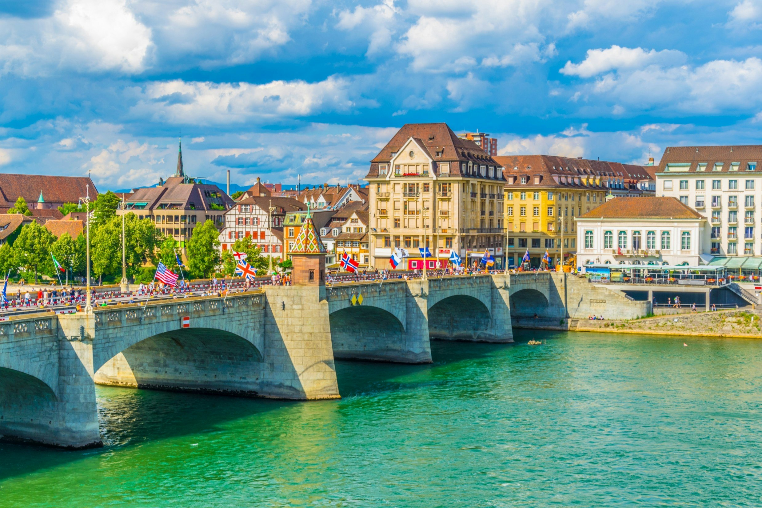 Riverside of Rhine in Basel with Mittlere Brucke, Switzerland