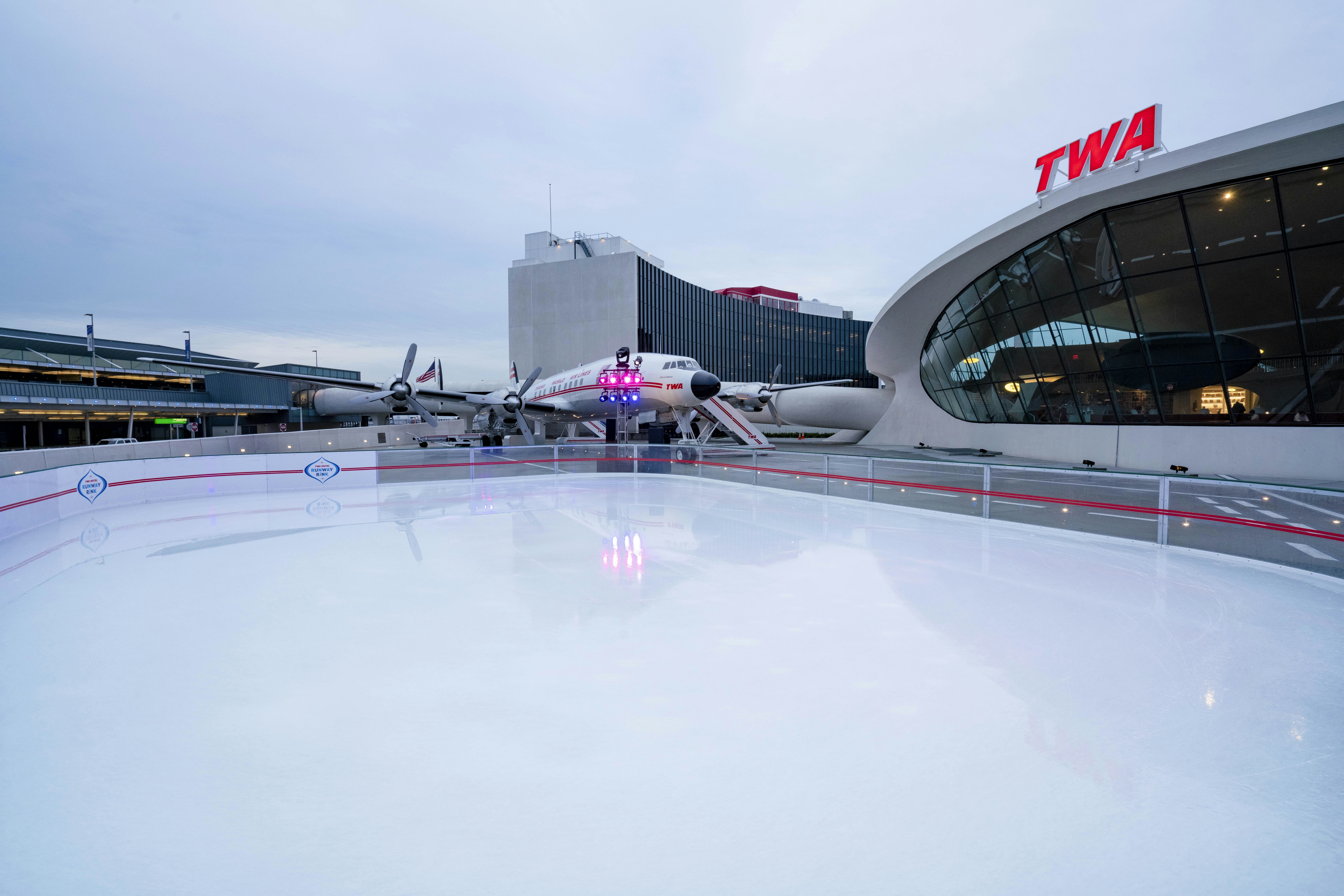 The ice skating rink by the runway at the TWA Hotel 