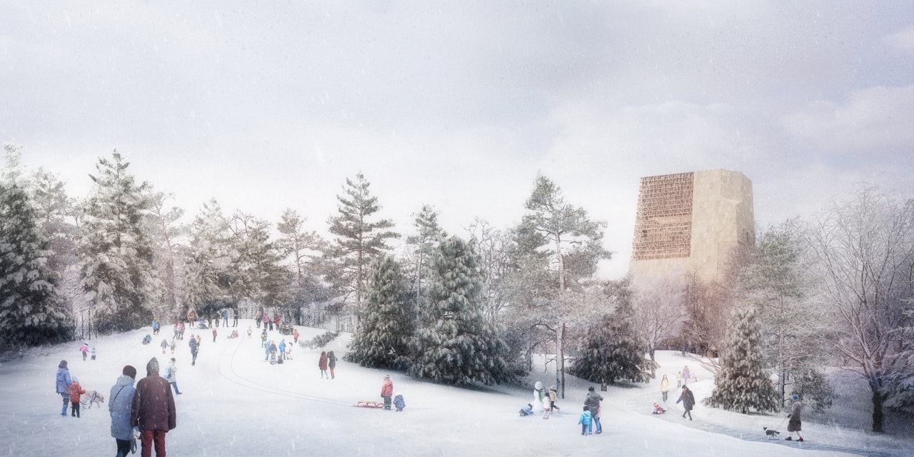 On snowy days, the Great Lawn becomes a sledding hill with a backdrop of the Museum building to the north.