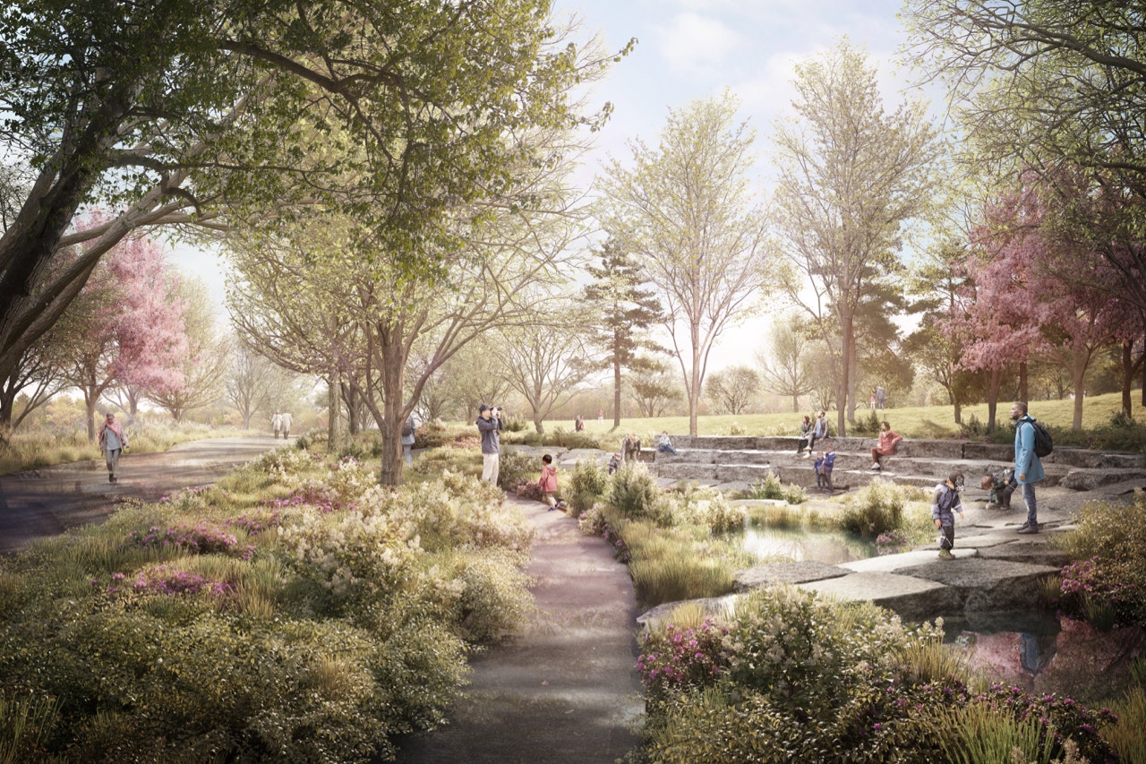A one-acre wetland area will capture and treat stormwater and feature a Wetland Walk that threads through the area and offers a unique environment with seating, a tree canopy, and a place for children to play.