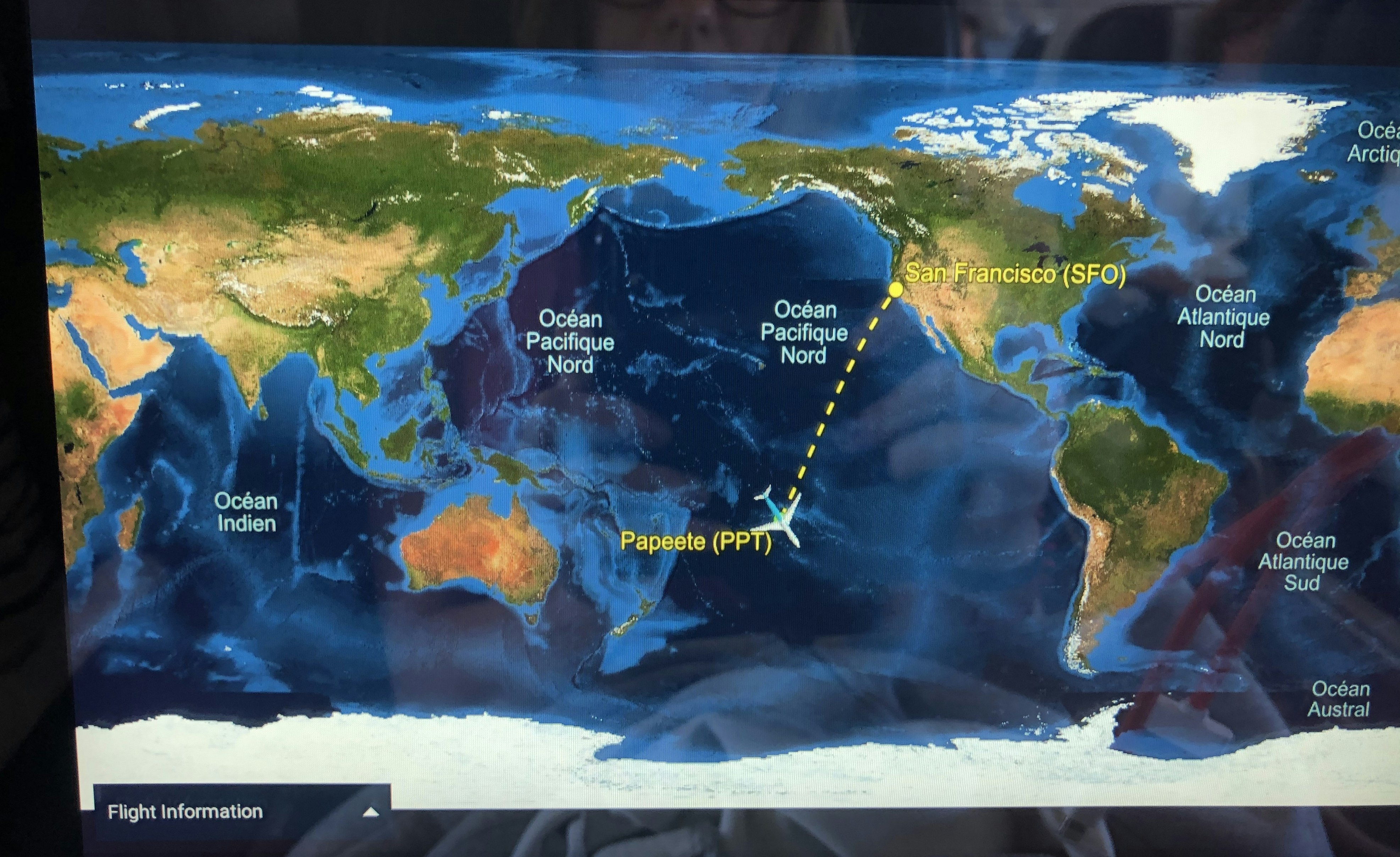 The inflight entertainment system displaying the flight map