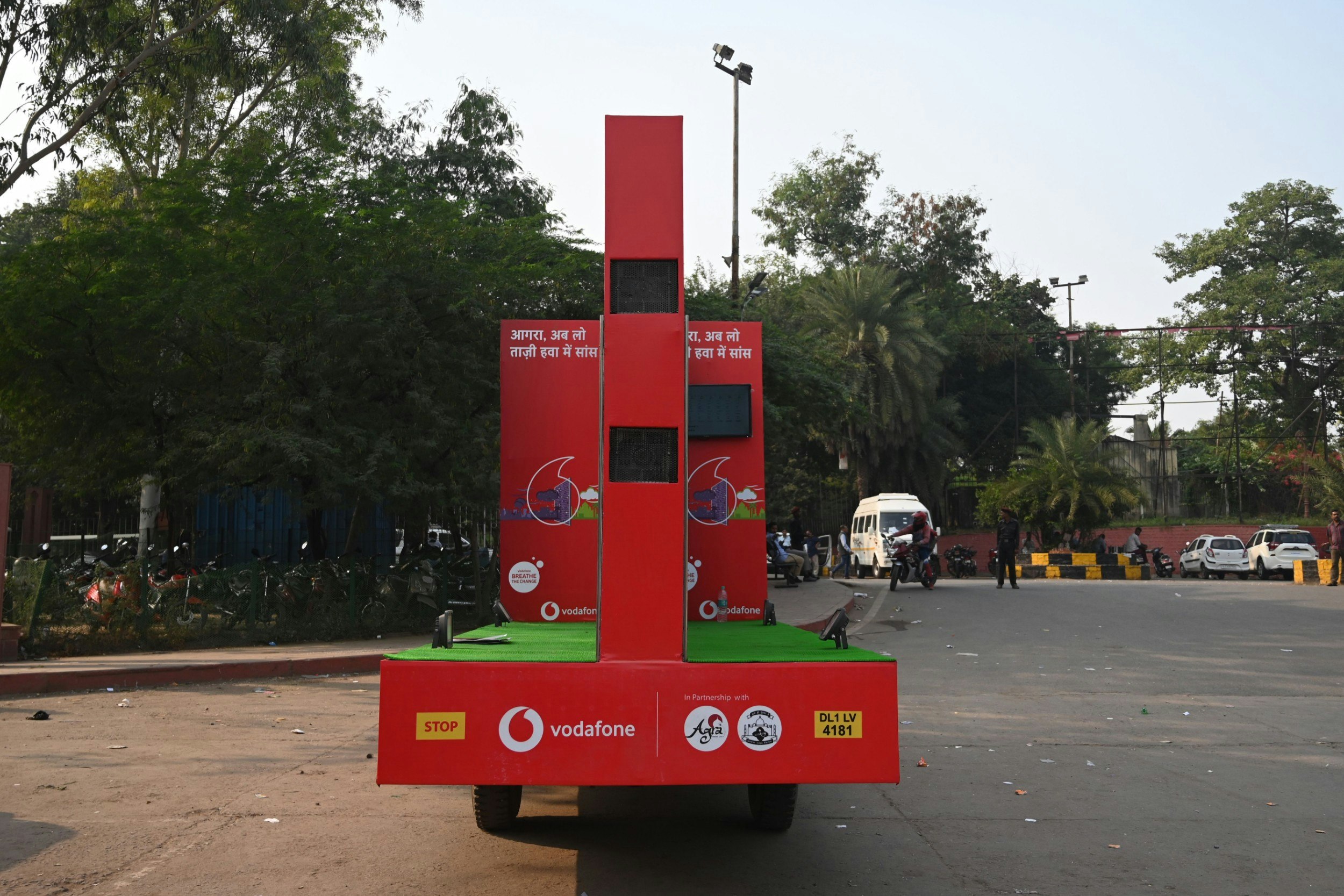 An anti- pollution van outside the Taj Mahal van