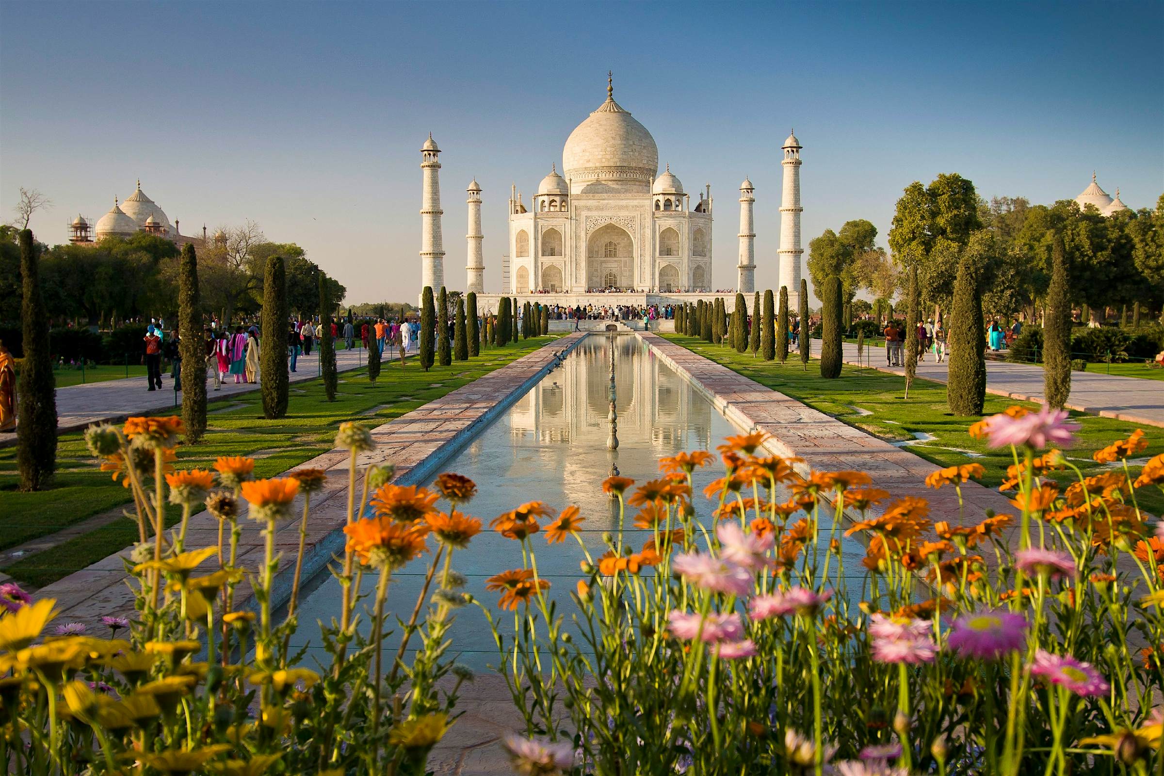 India’s Taj Mahal with flowers in the foreground. 