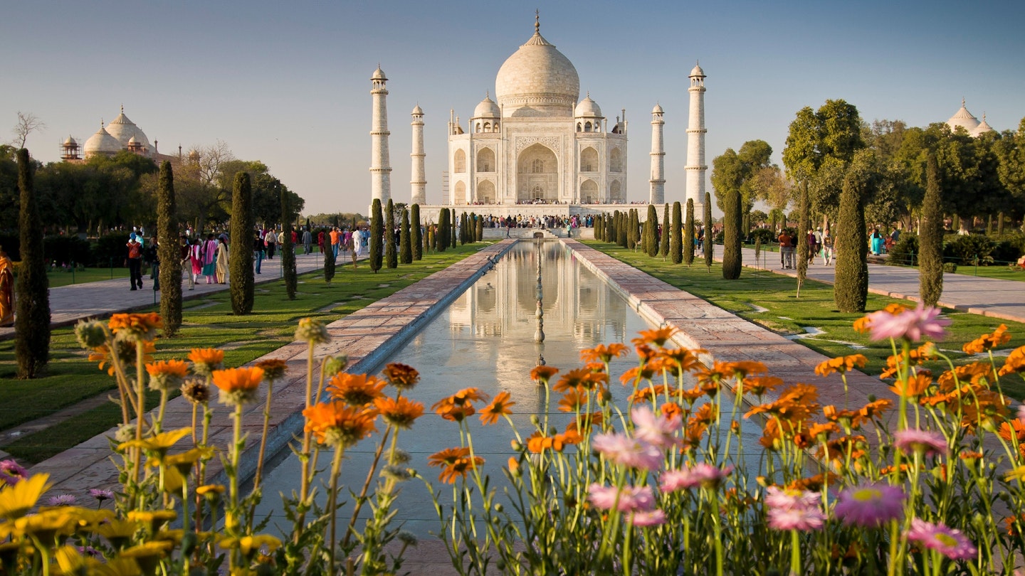 India’s Taj Mahal with flowers in the foreground. 