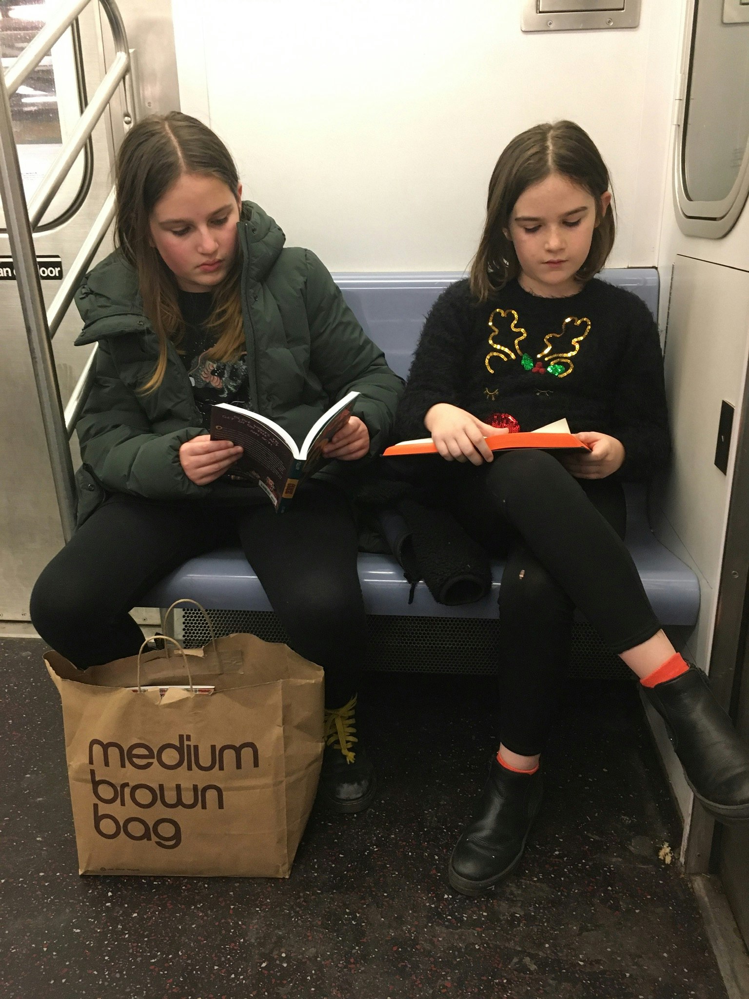 Tasmin's daughters sit reading books as they ride the subway in New York City.