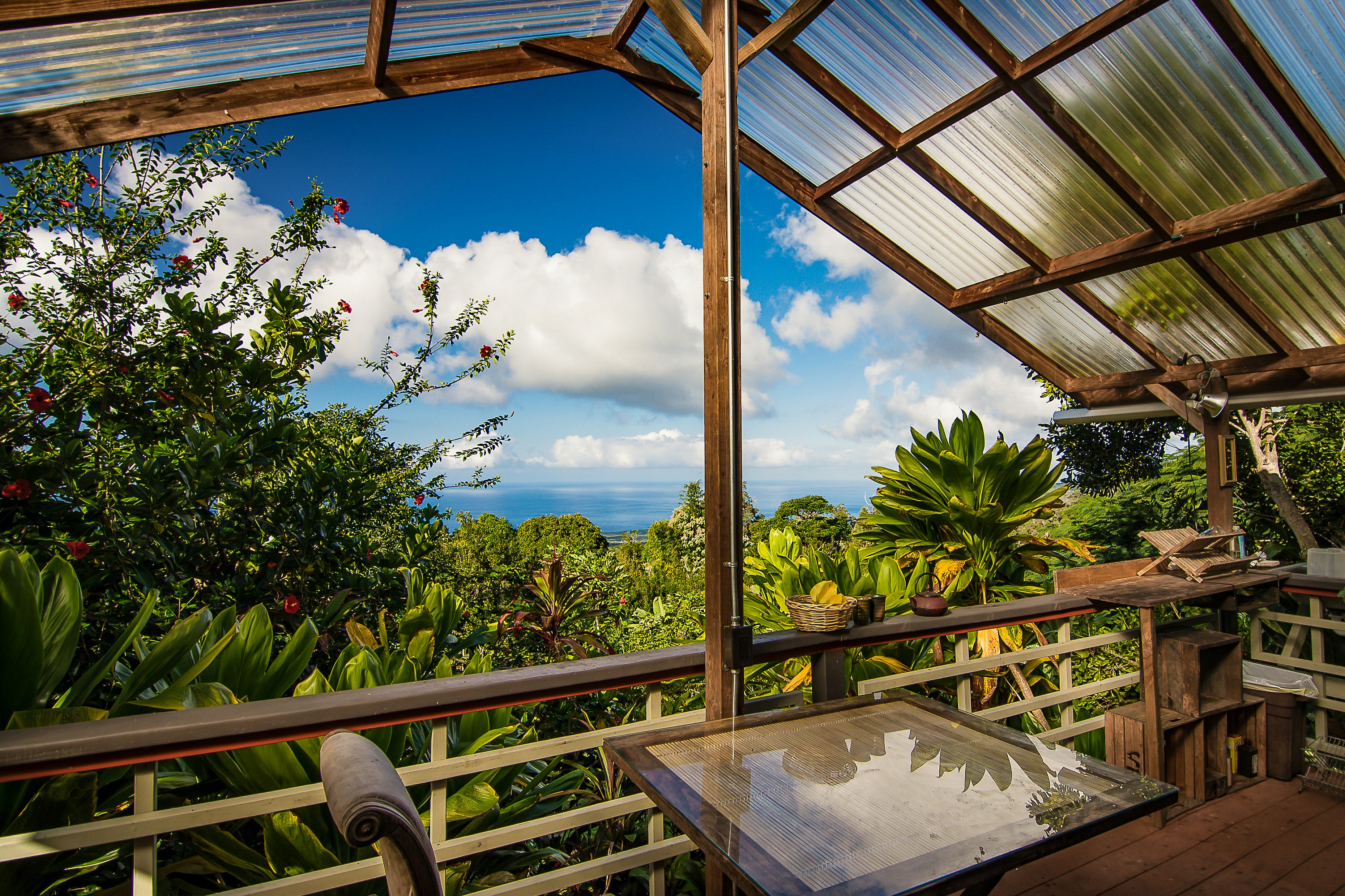 A shaded balcony overlooking dense jungle, with the ocean and blue skies beyoned