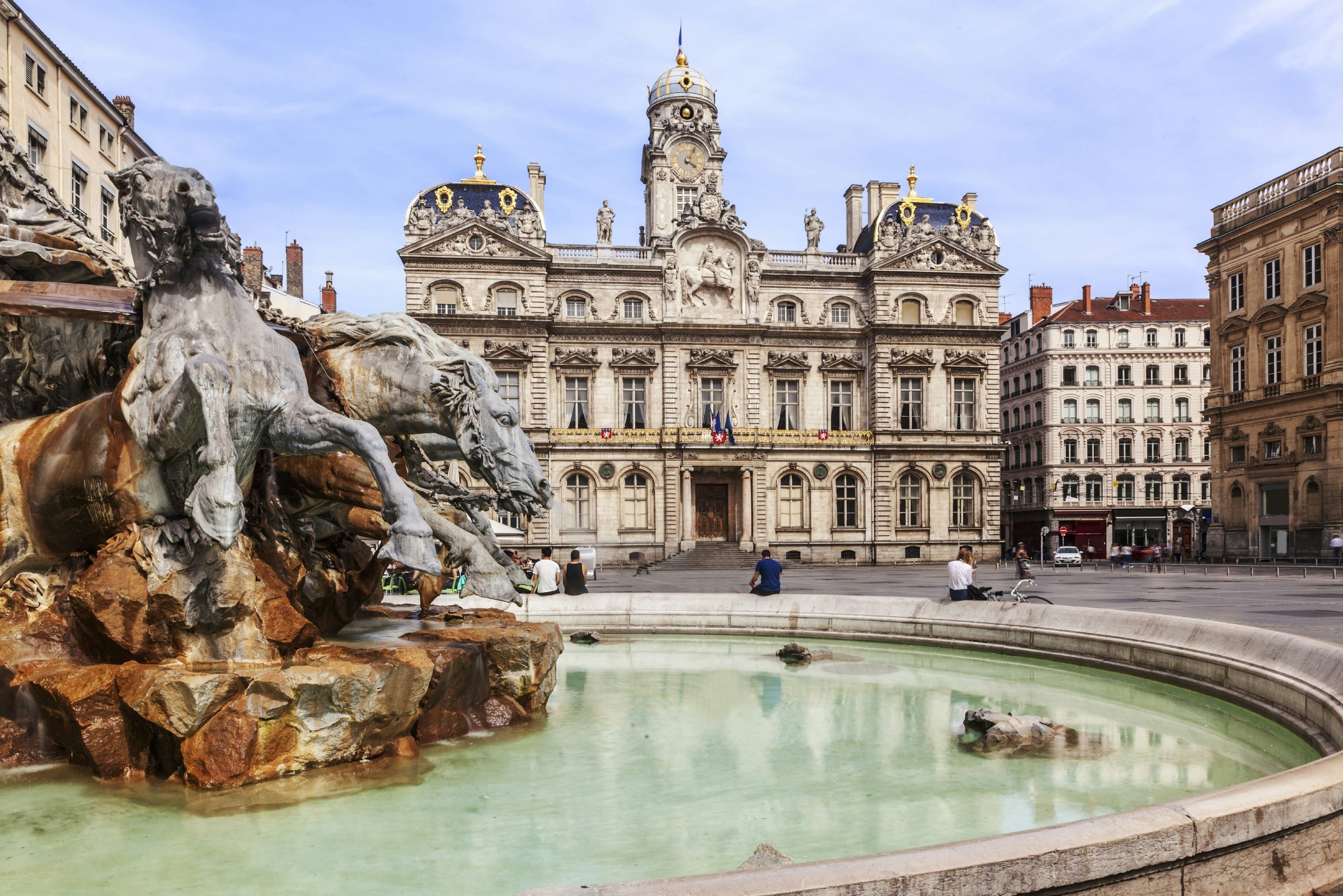 Place des Terreaux with Fontaine Bartholdi in the foreground in Lyon.
