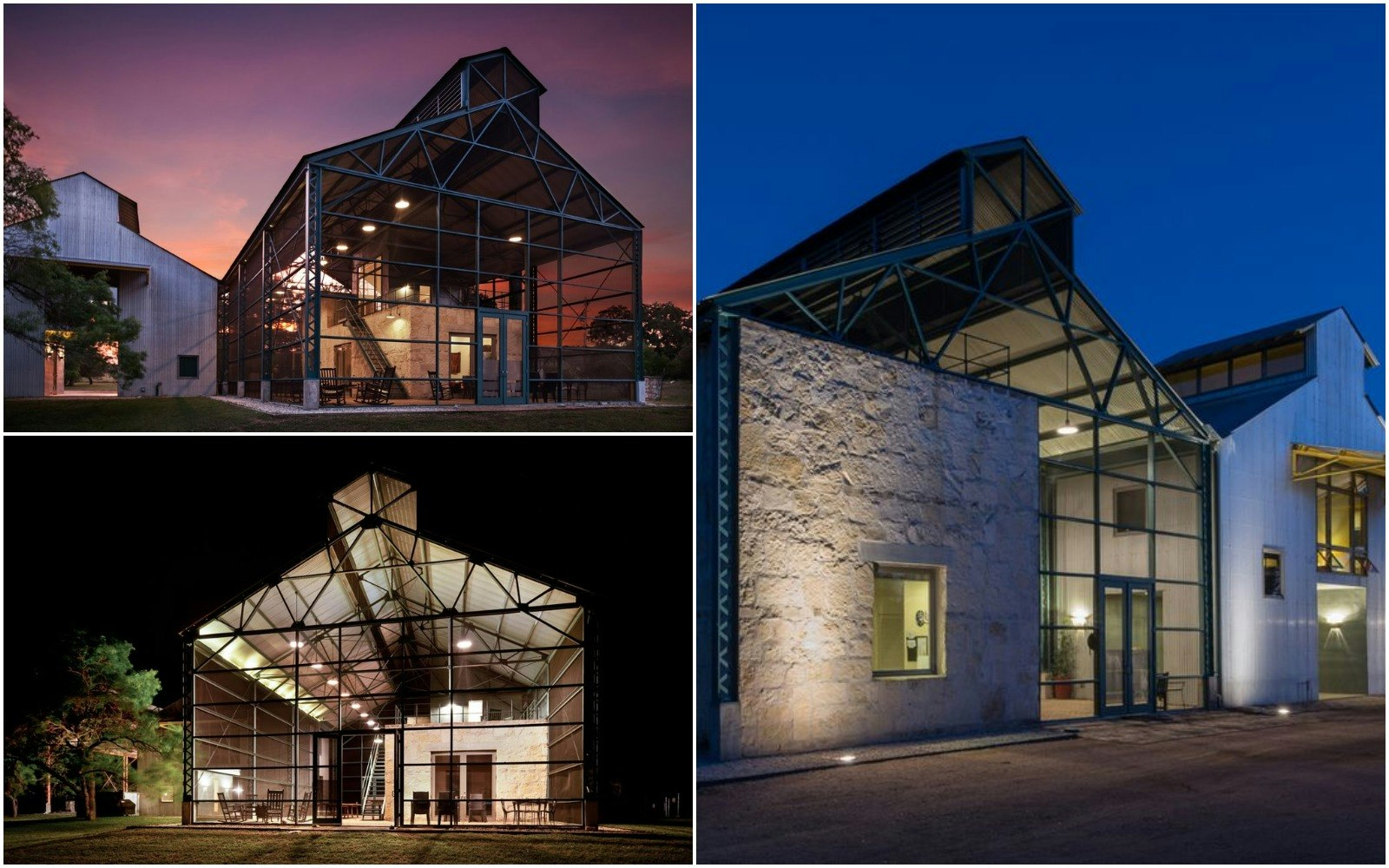 A glass home lit up at dusk in rural Texas