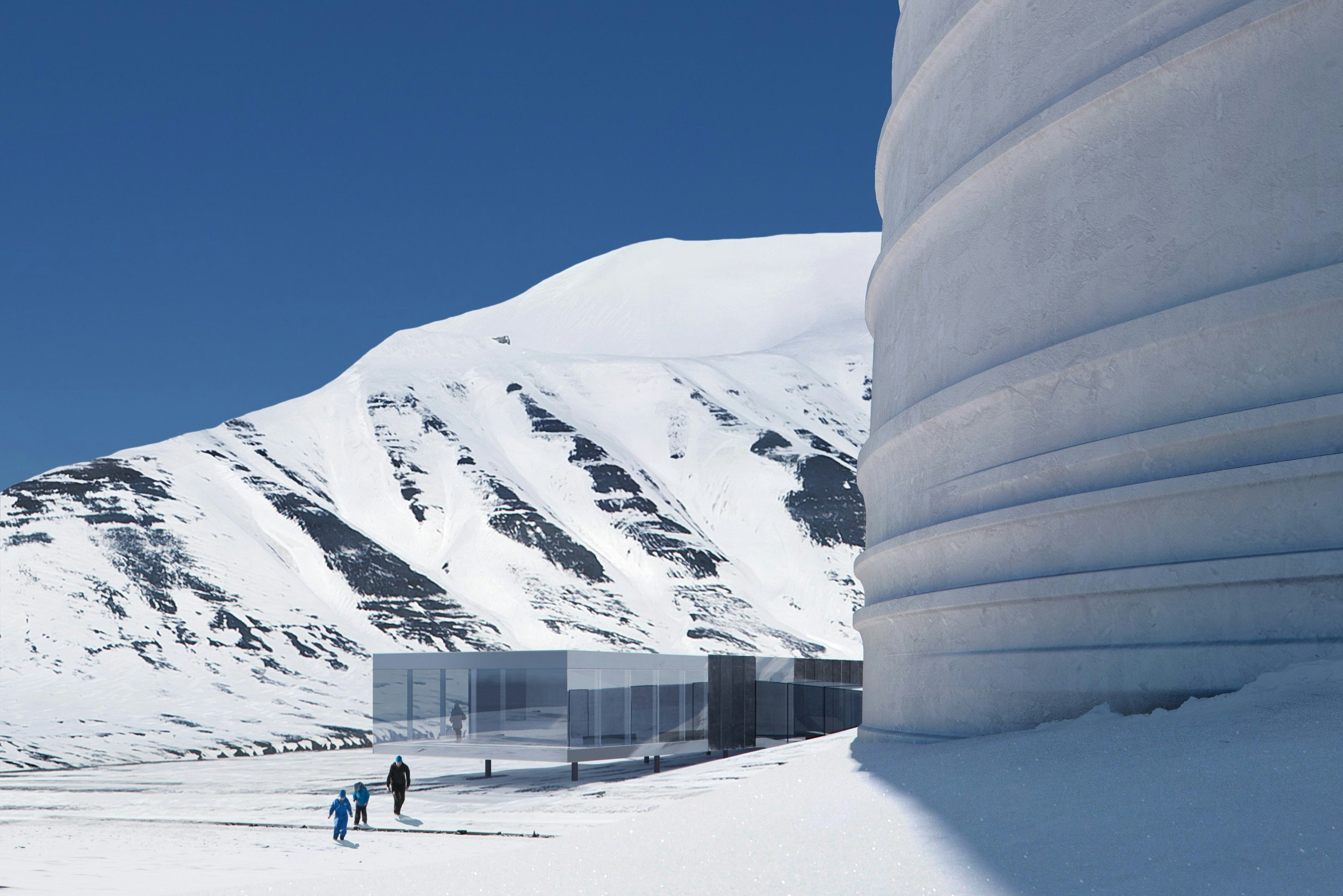 The exterior of The Arc in Svalbard in the snow