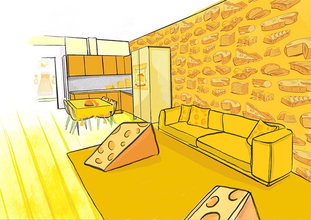 A rendering of The Cheese Suite Living Room.