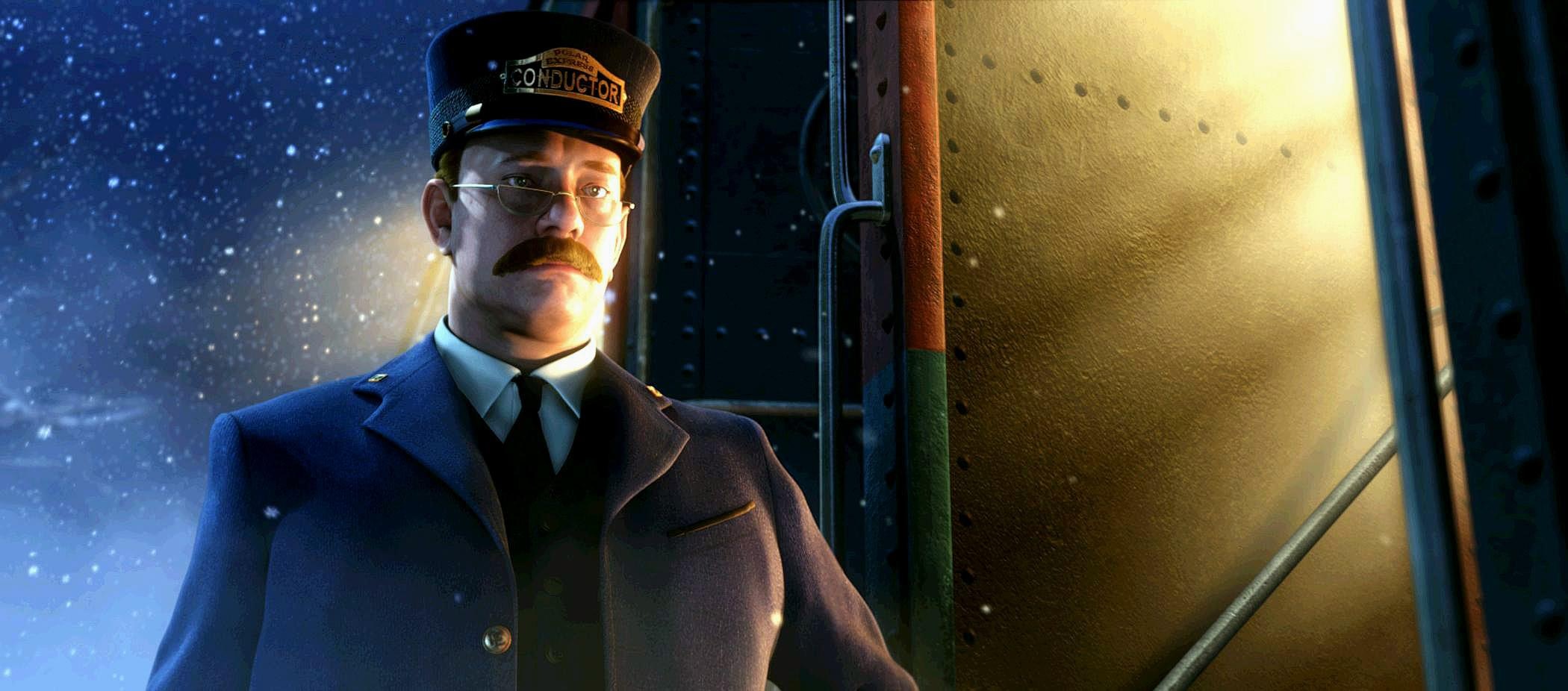 The conductor in The Polar Express looks downward in front of a starry night sky