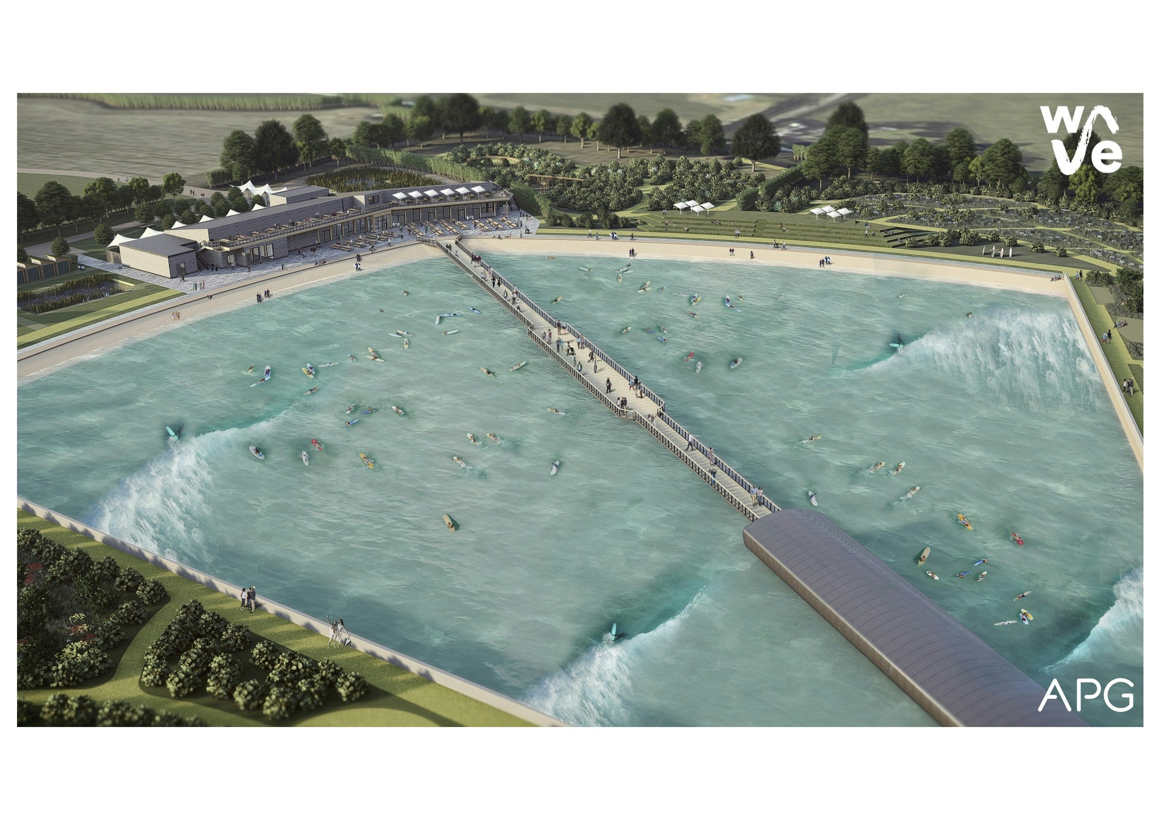 A rendering of an artificial lagoon and wooden clubhouse
