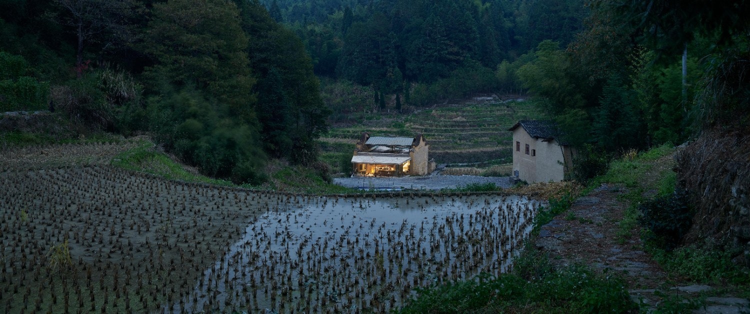 The Paddy Field Bookstore in China set among rice fields