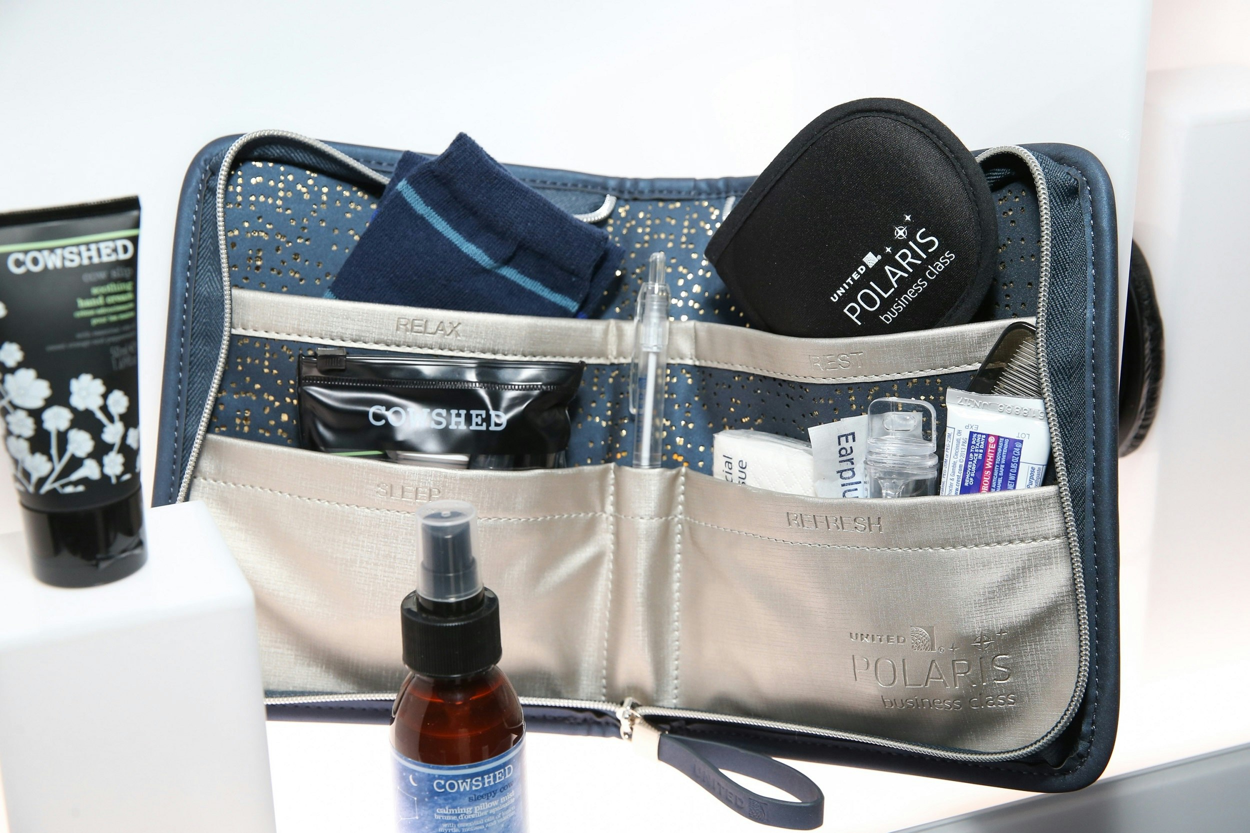 Amenity kits contain a variety of items needed for travel. 