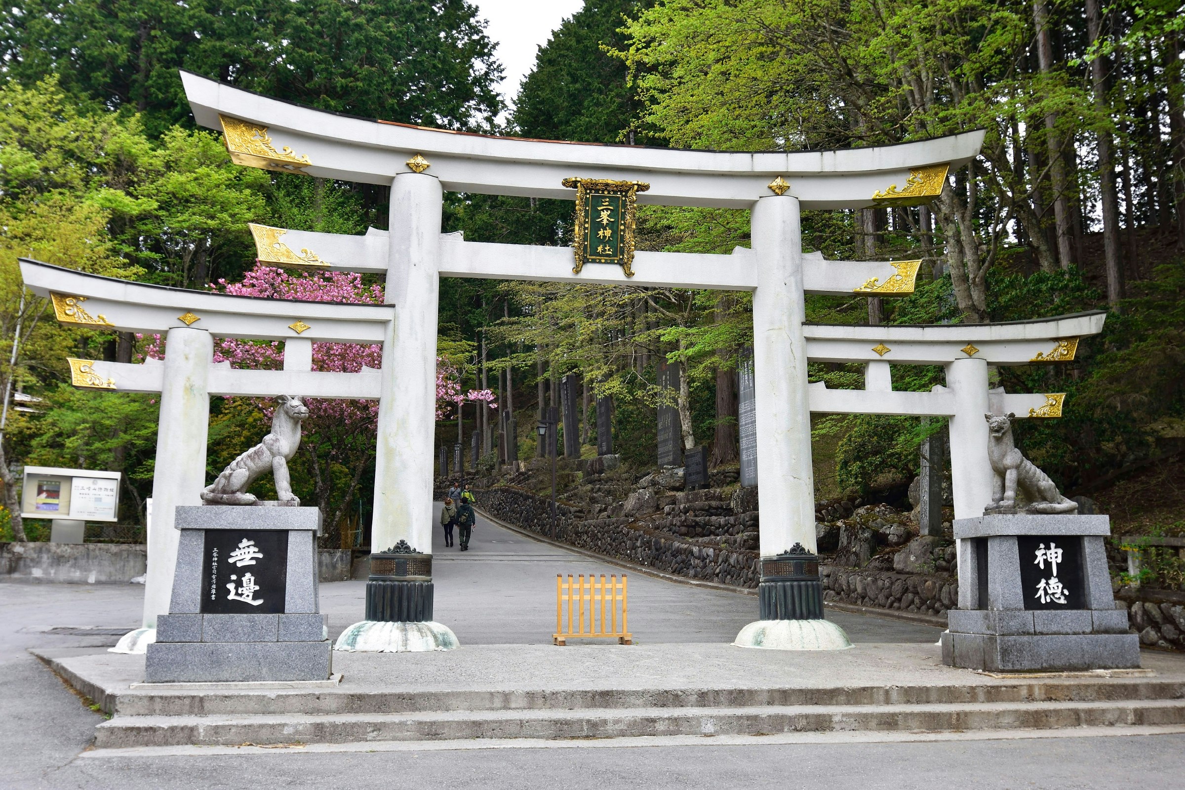 A white Torii gate at the entrance to the Mitsumine shrine
