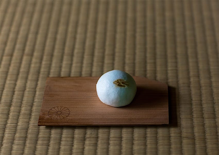 Ohagi rice dumplings coated with sweet bean paste during a tea ceremony in daitoku-ji, Kansai region, Kyoto, Japan