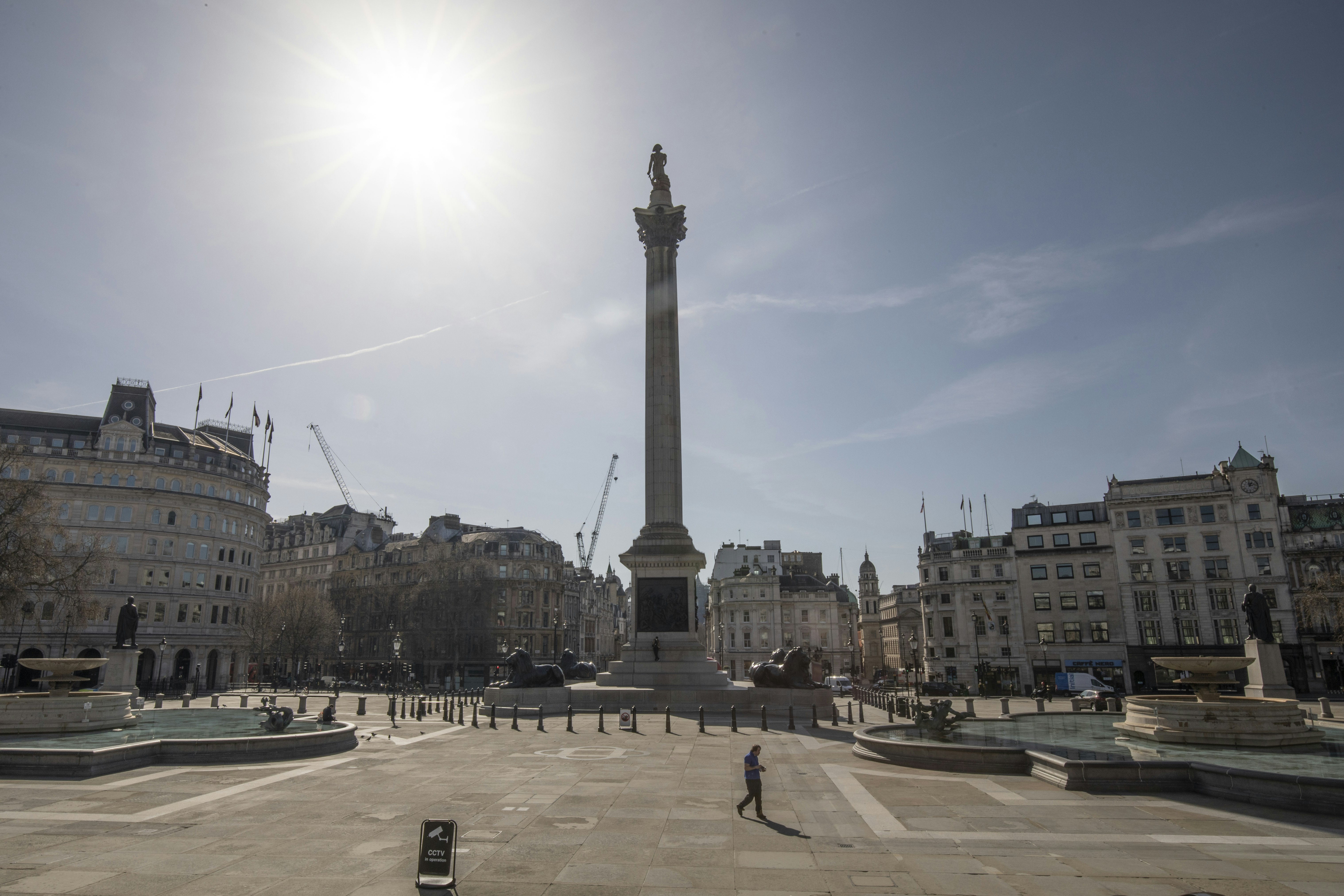 An all but empty Trafalgar Square on March 24, 2020 in London