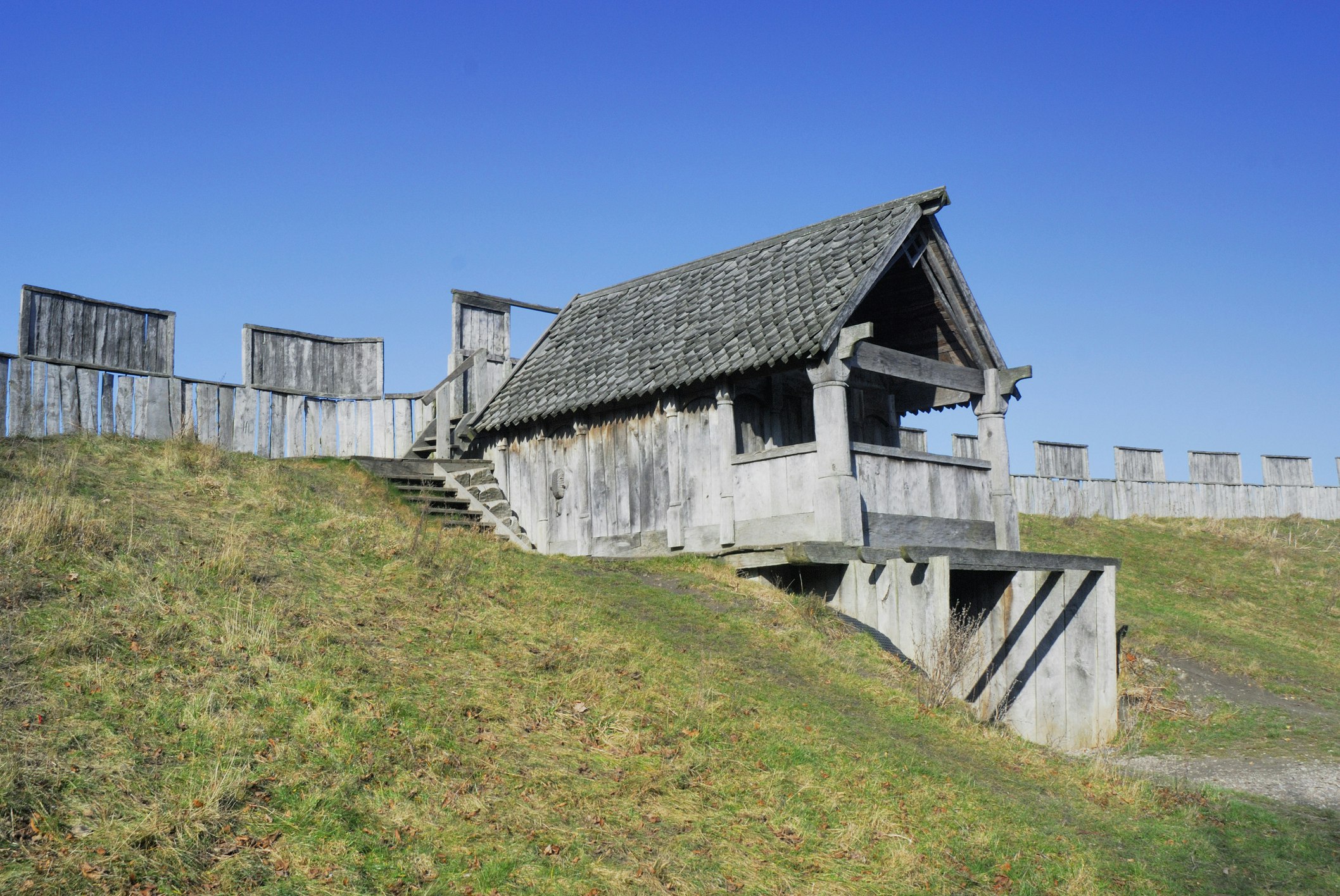 The grey, weathered wooden walls of a reconstructed Viking Fortress at Skåne in southern Sweden