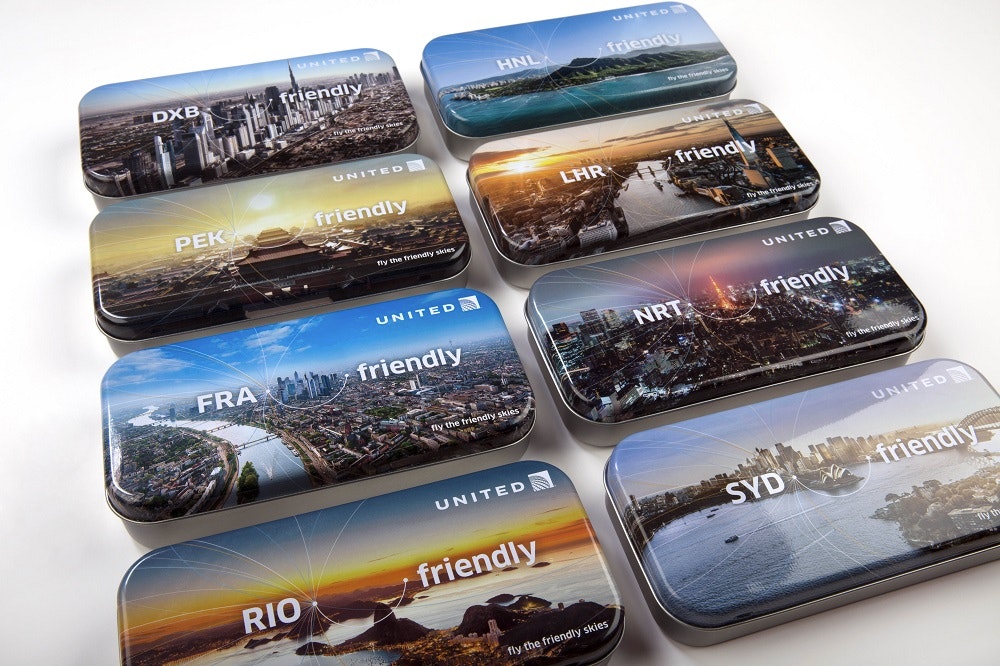 United used to have this cute set of collectible tins with destinations around the world. 