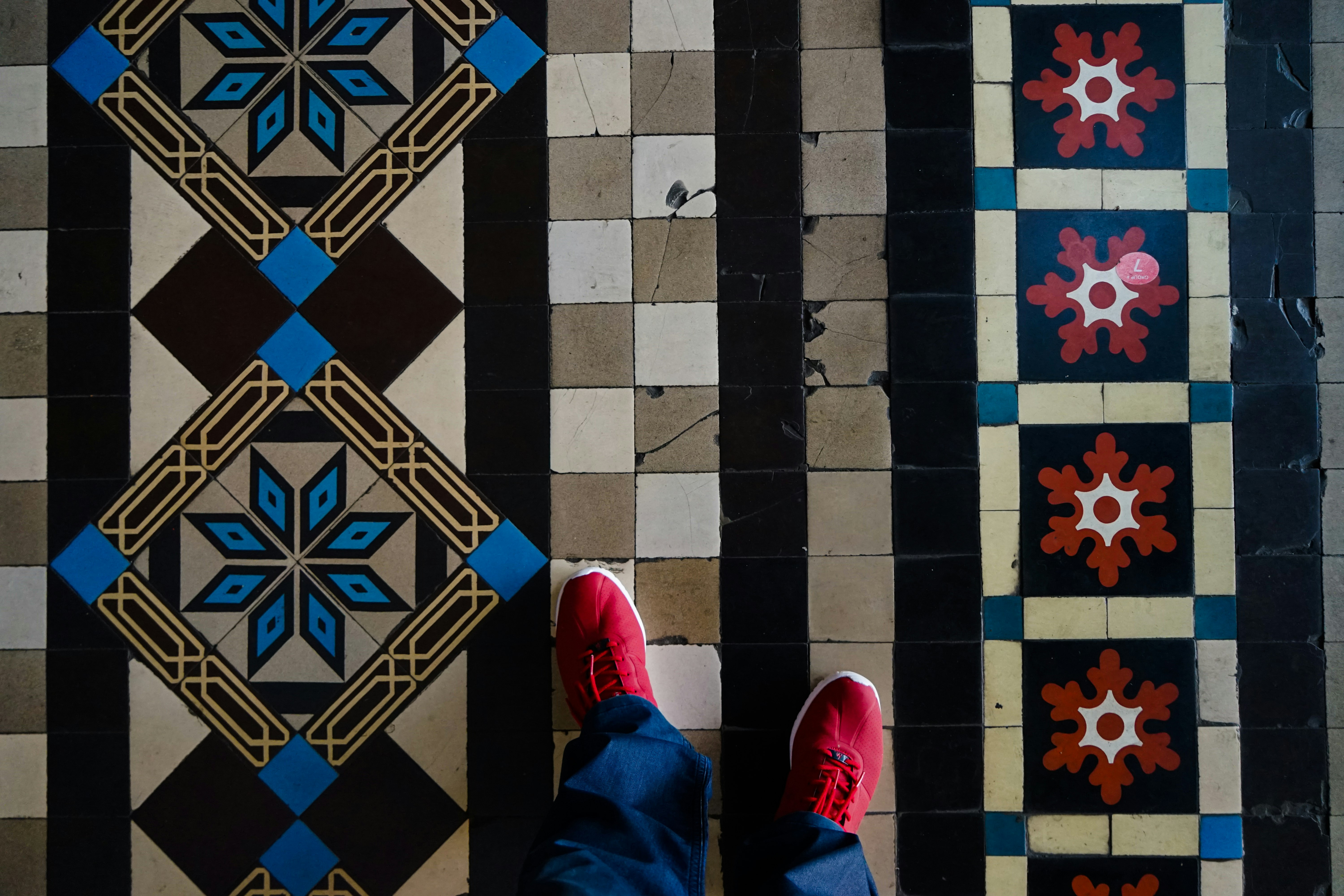 Shoes on the tiled floors. 