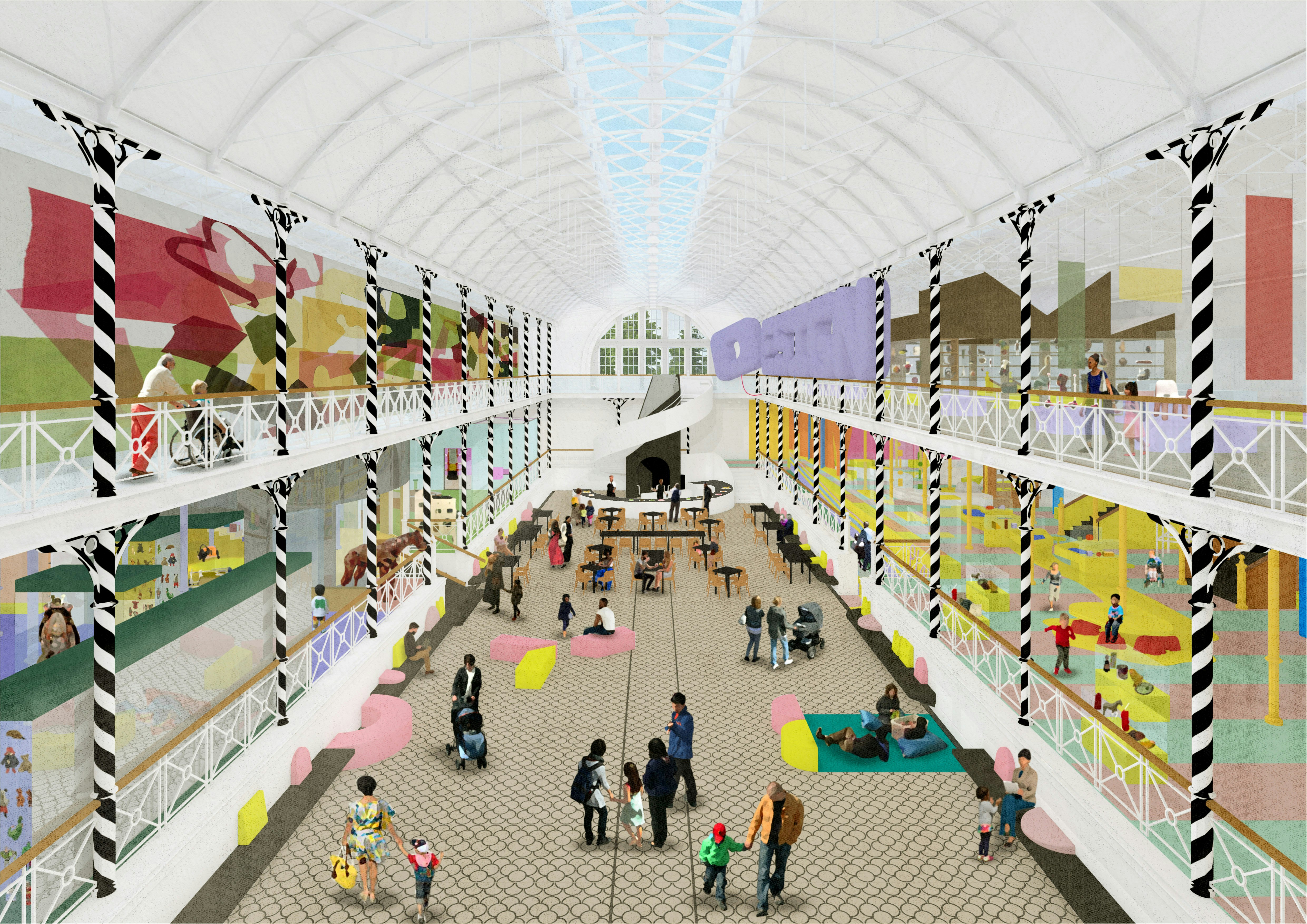 Rendering of a children's museum with brightly-coloured displays