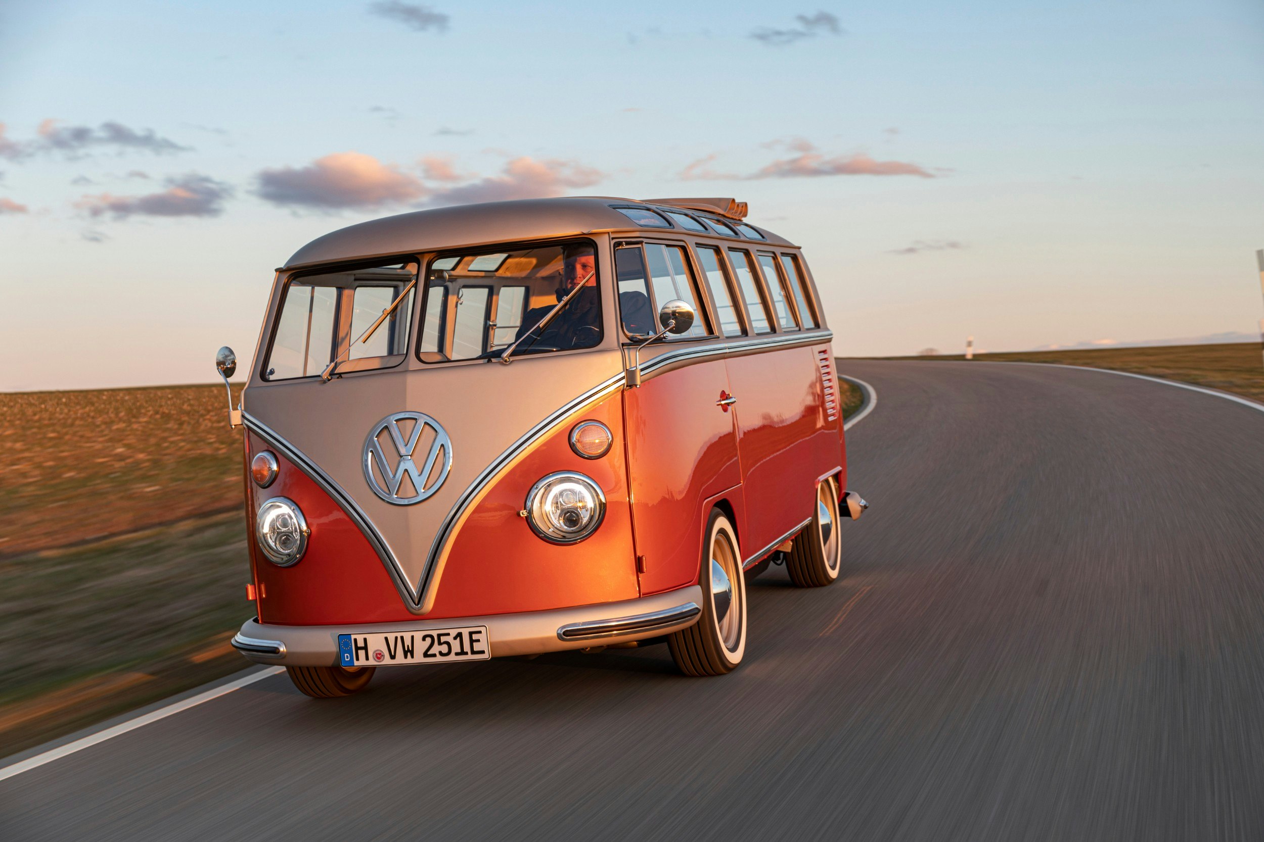 The new VW e-Bulli bus on the road 