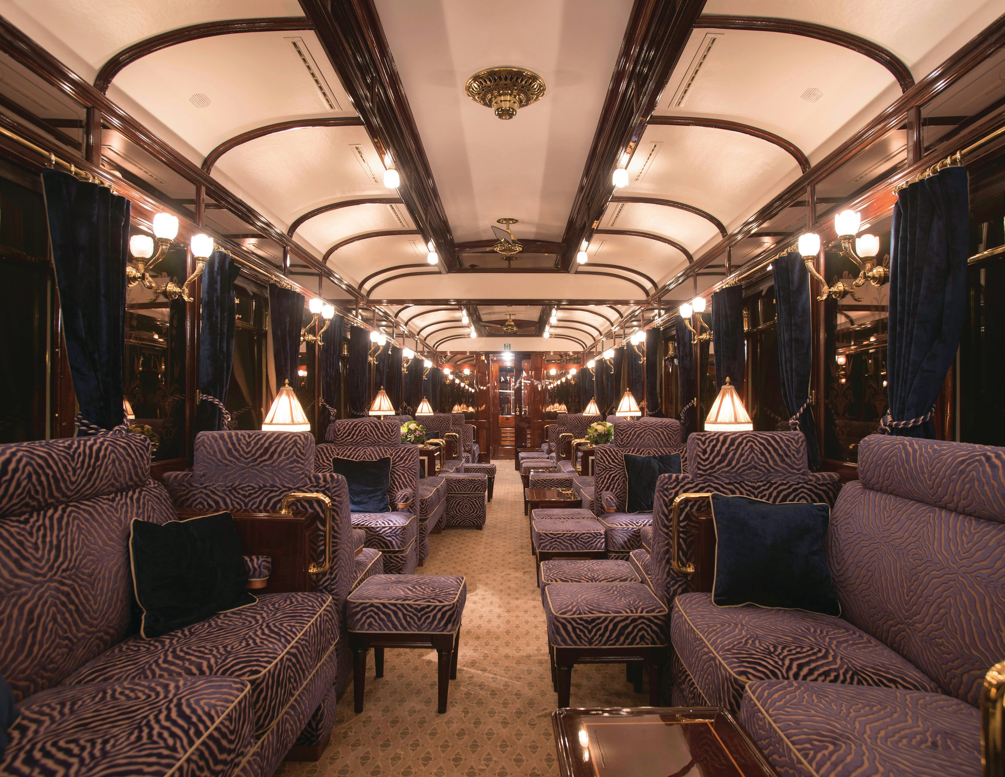 The interior carriage of the Venice Simplon Orient Express is stylish and chic