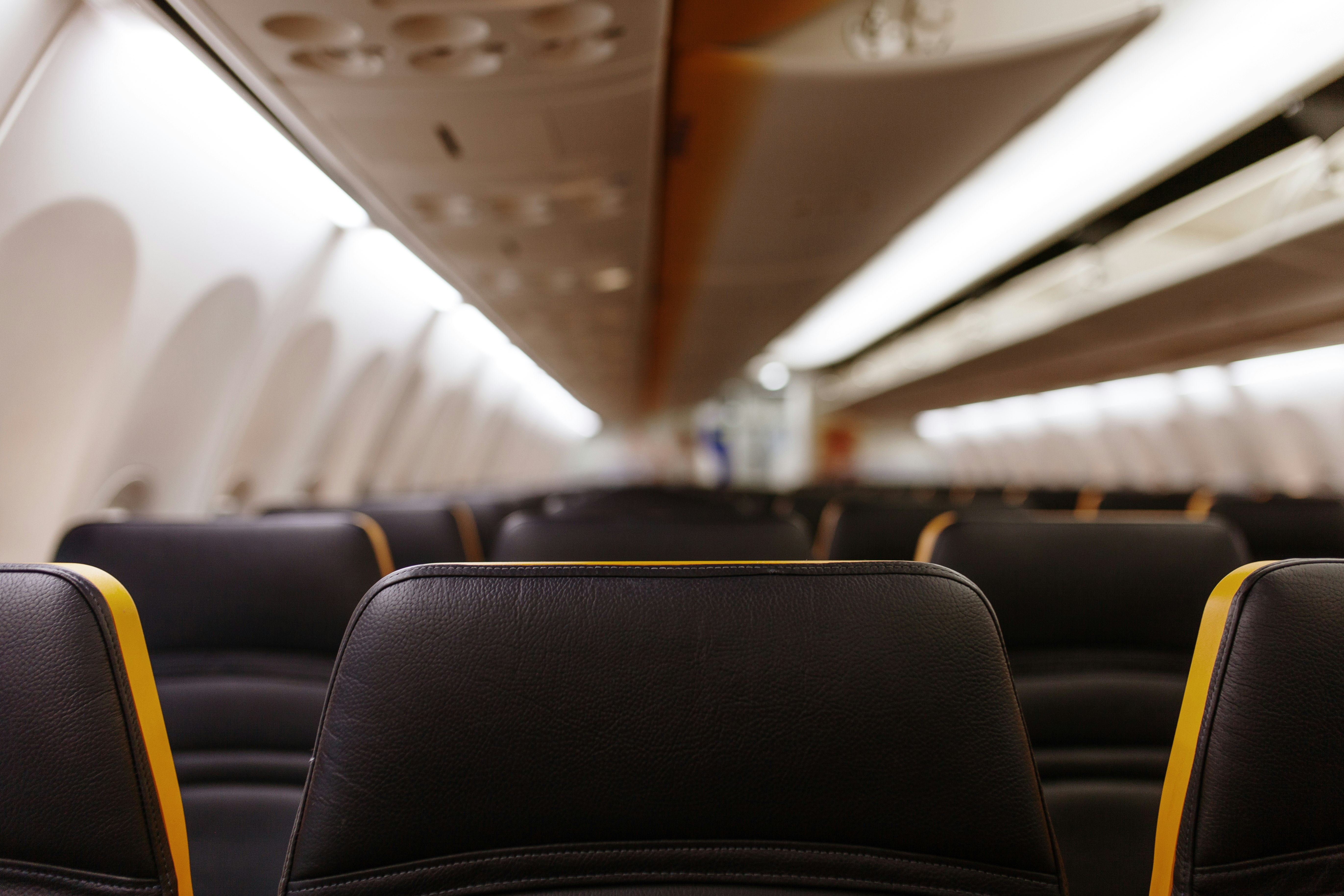The view from the middle of a row of plane seats. The chair in front is in focus, while the rest of the plane is blurry.