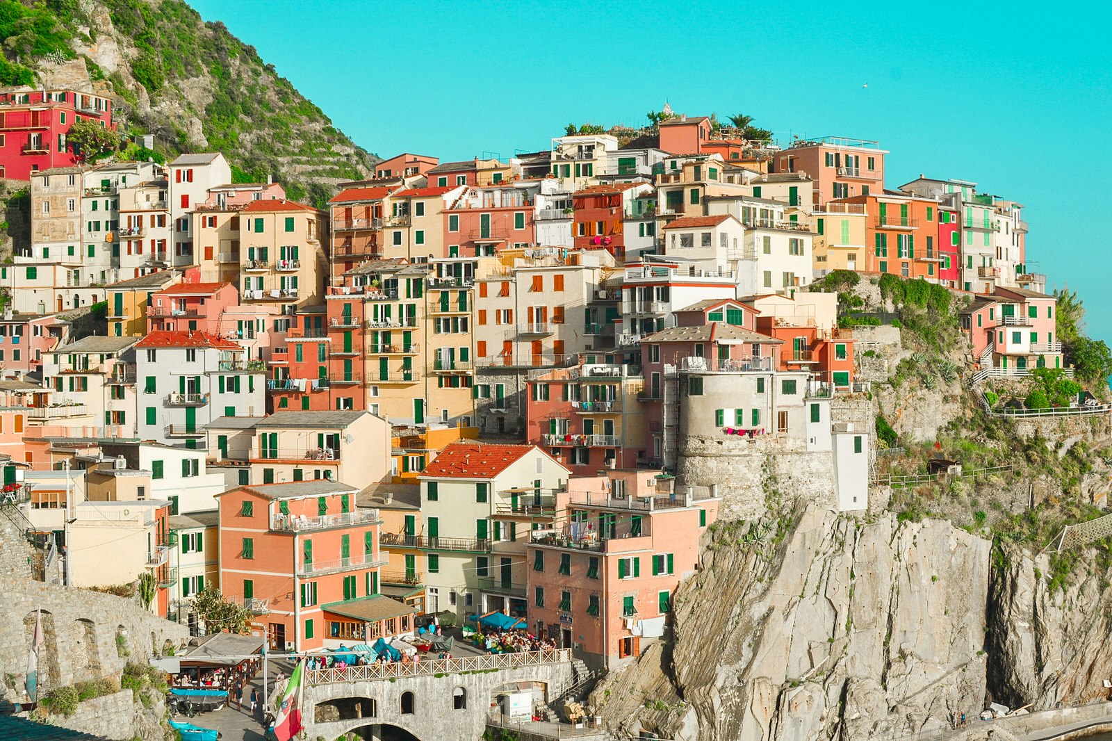 A view of of the colourful, cluttered houses on the Cinque Terre backpacking trail at Manarola