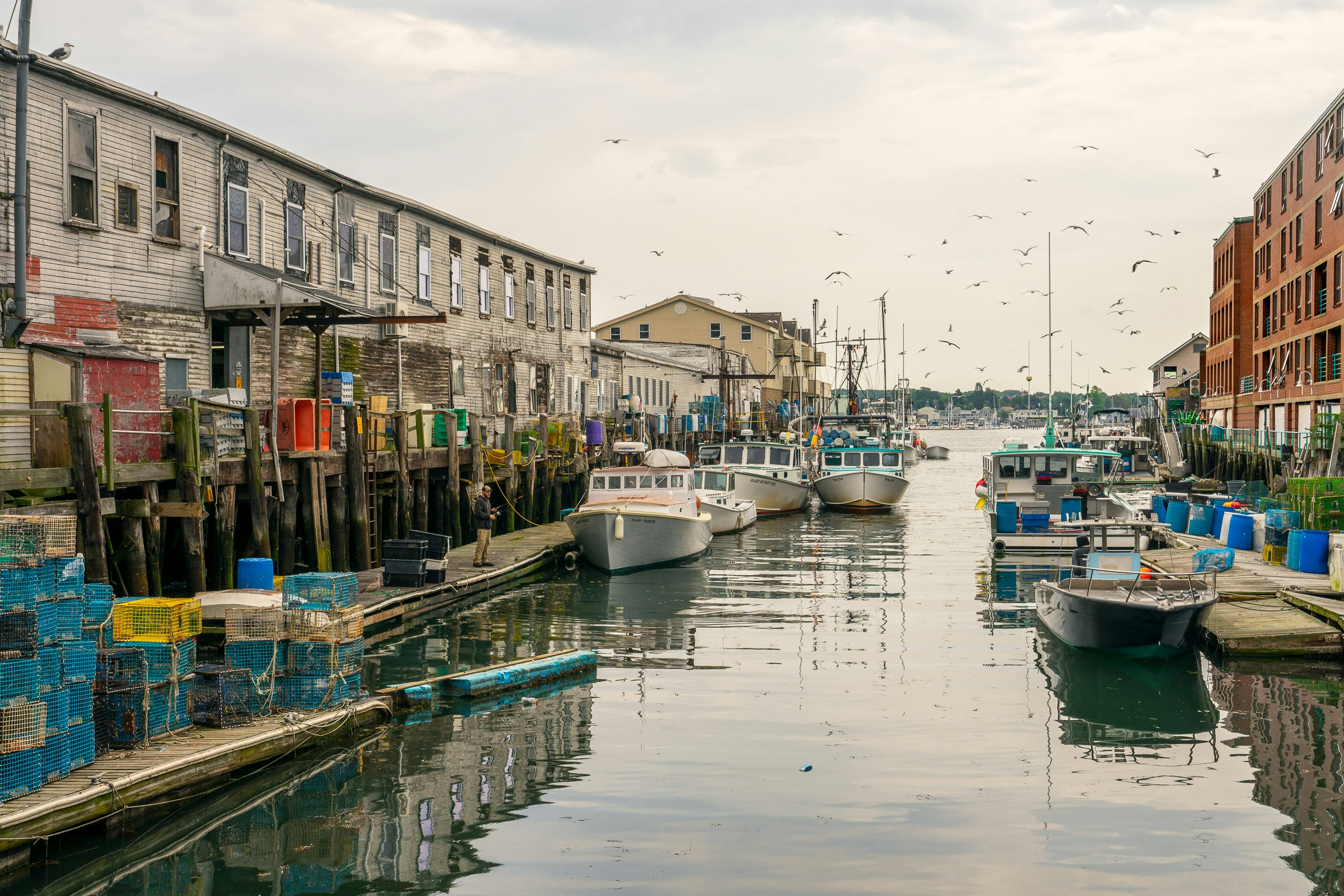 Wooden buildings and lobster traps line the Portland Pier near Luke's Lobster restaurant. Several small fishing boats float on the water as seagulls fly overhead