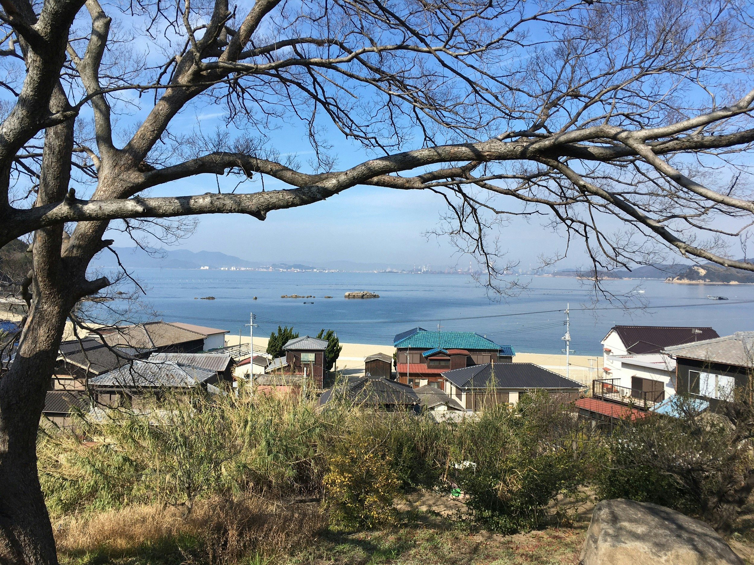 A view down a hillside towards the sea. Traditional wooden Japanese houses line the beach.