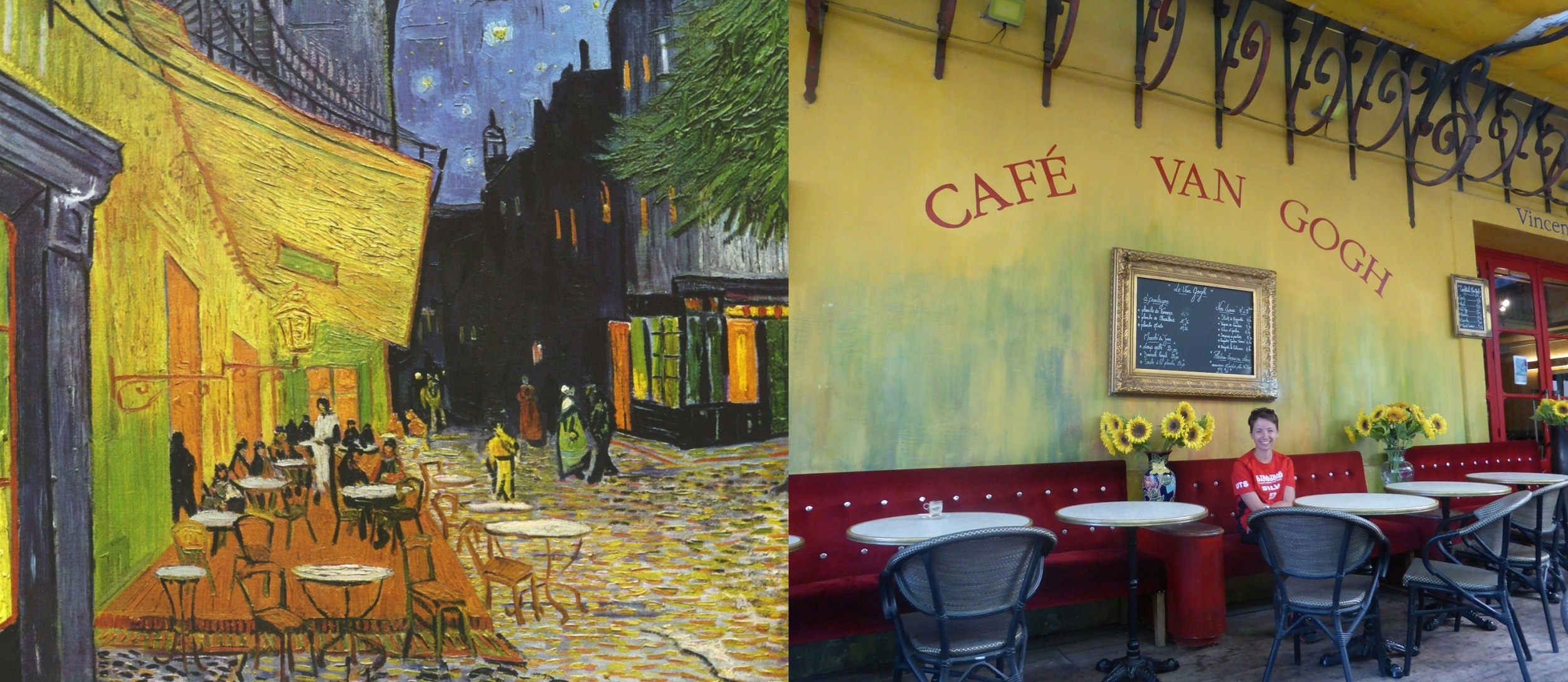 Vincent van Gogh's famous Cafe Terrace at Night painting; it looks down the length of tables sitting outside a cafe at night under a starry sky. The picture to the right is of Alecsa sitting at one of the tables pictured in Van Gogh's painting.