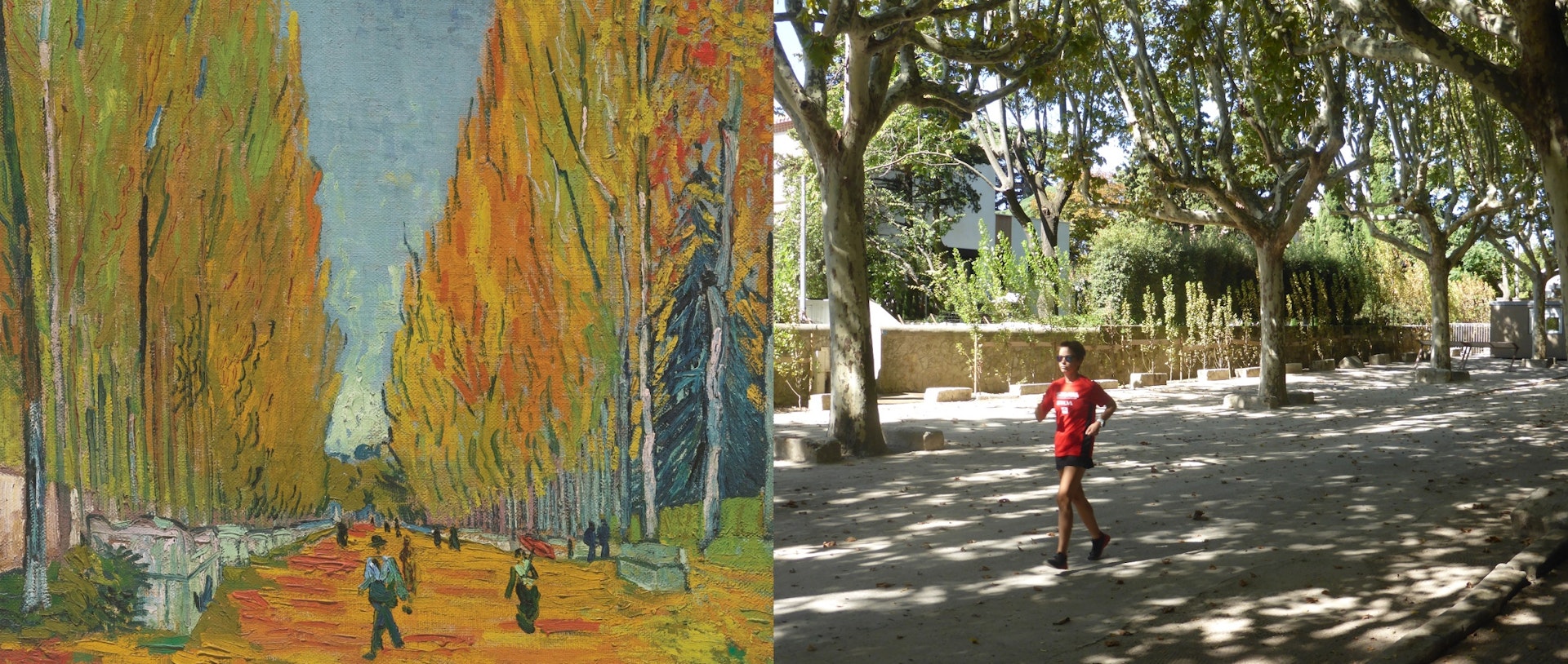 On the left is Van Gogh's painting; full of autumn colours of orange and yellow it looks down the middle of a line of trees. On the right is Alecsa running down this same tree-lined boulevard.