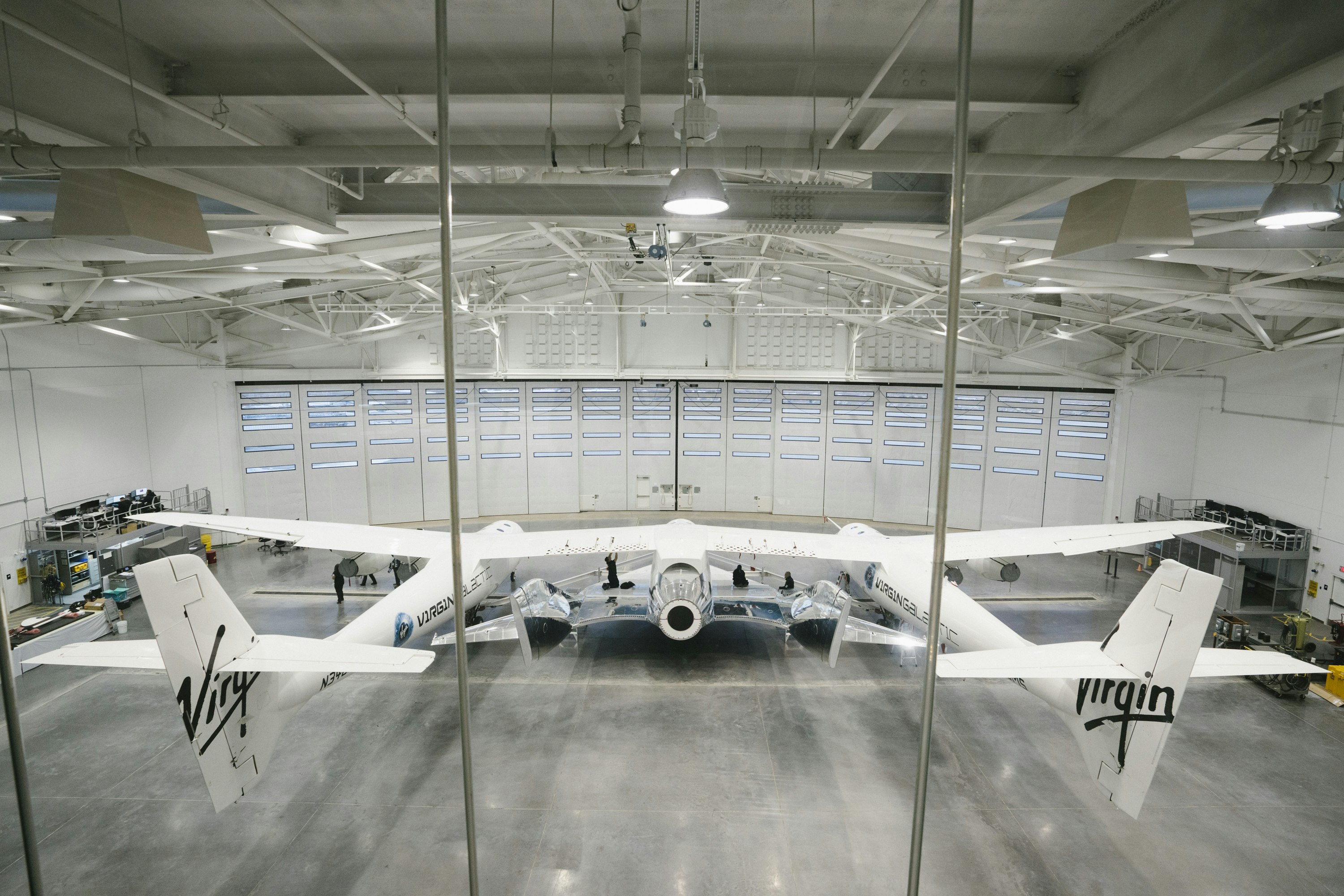 SpaceShipTwo and VMS Eve in the hangar of The Gateway to Space