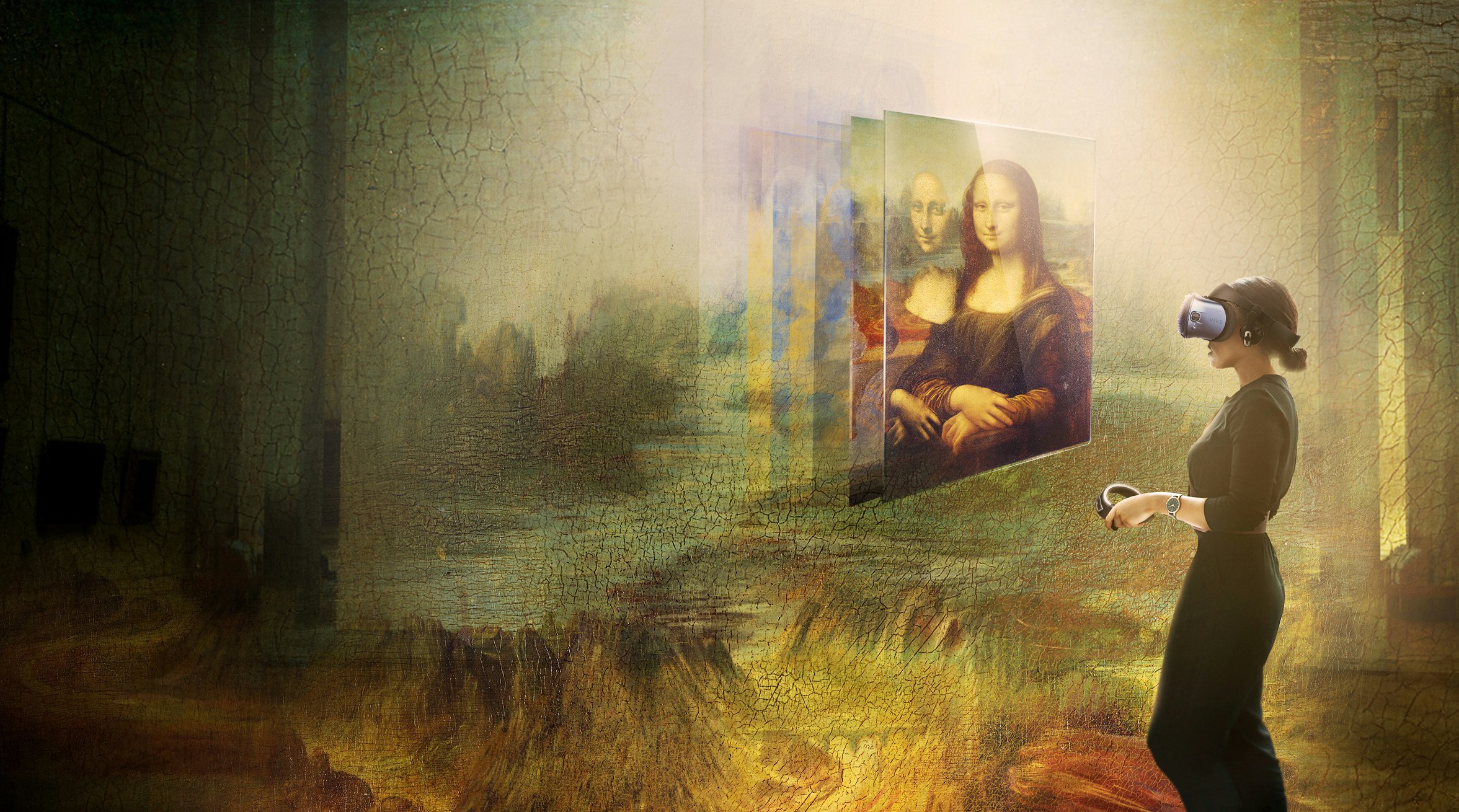 A woman interacts with a virtual version of the Mona Lisa 