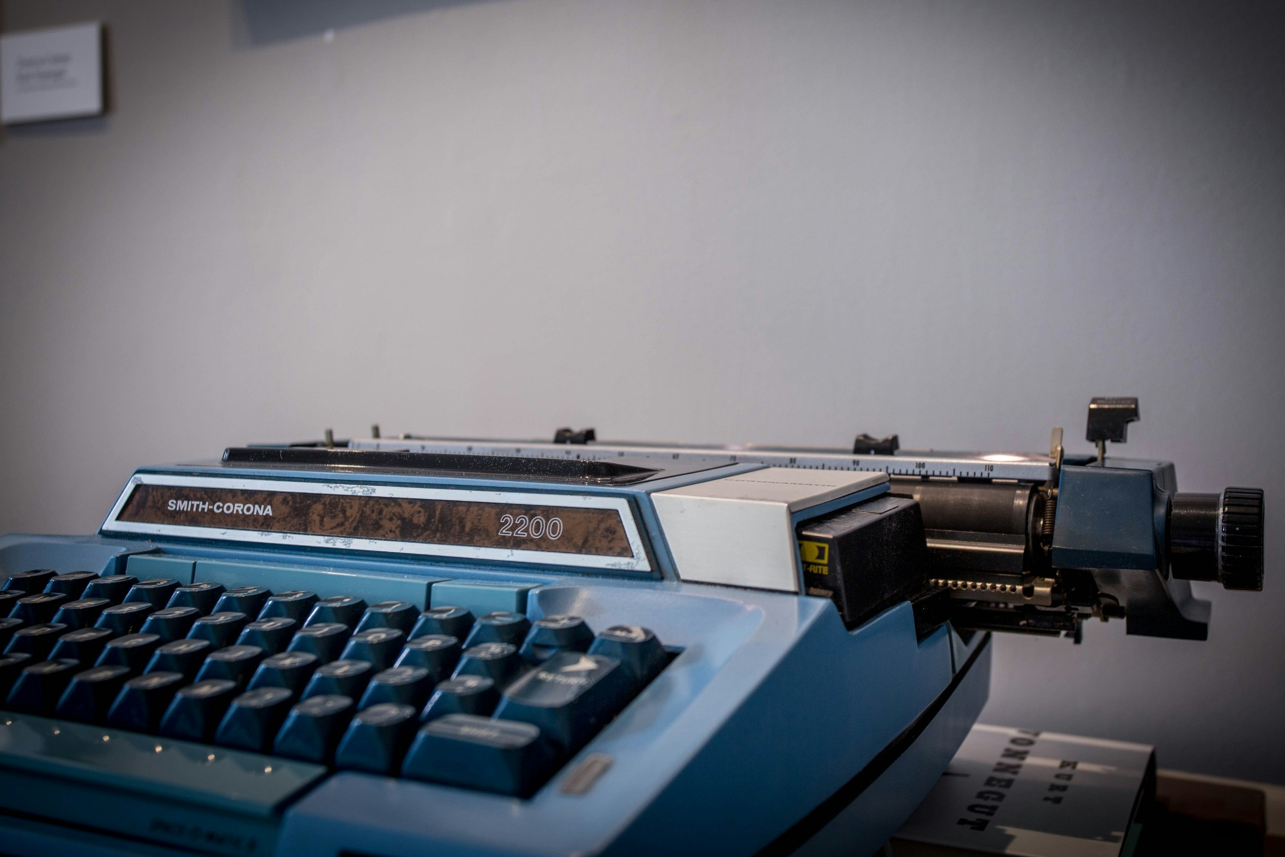 Kurt Vonnegut's blue typewriter on a table