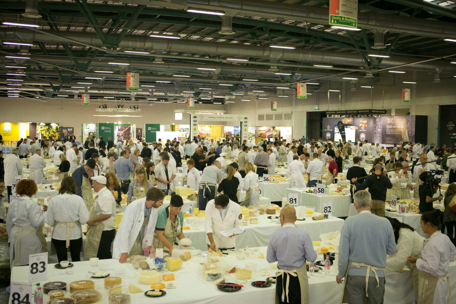Judges in white coats sample plates of cheese, displayed on rows of tables