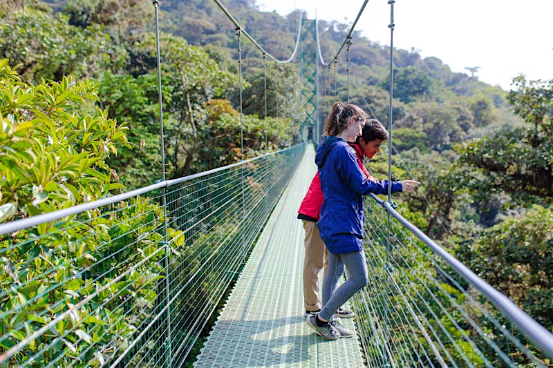 A couple stand on a suspended walkway in the tree tops; the image is looking down the length of the walkway, and it seems to go on forever.