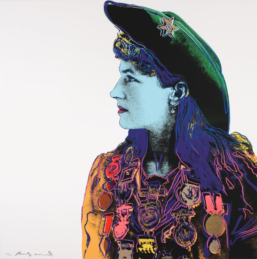 A black and white image of Annie Oakley is screen printed with colored lines and items; Andy Warhol in the US