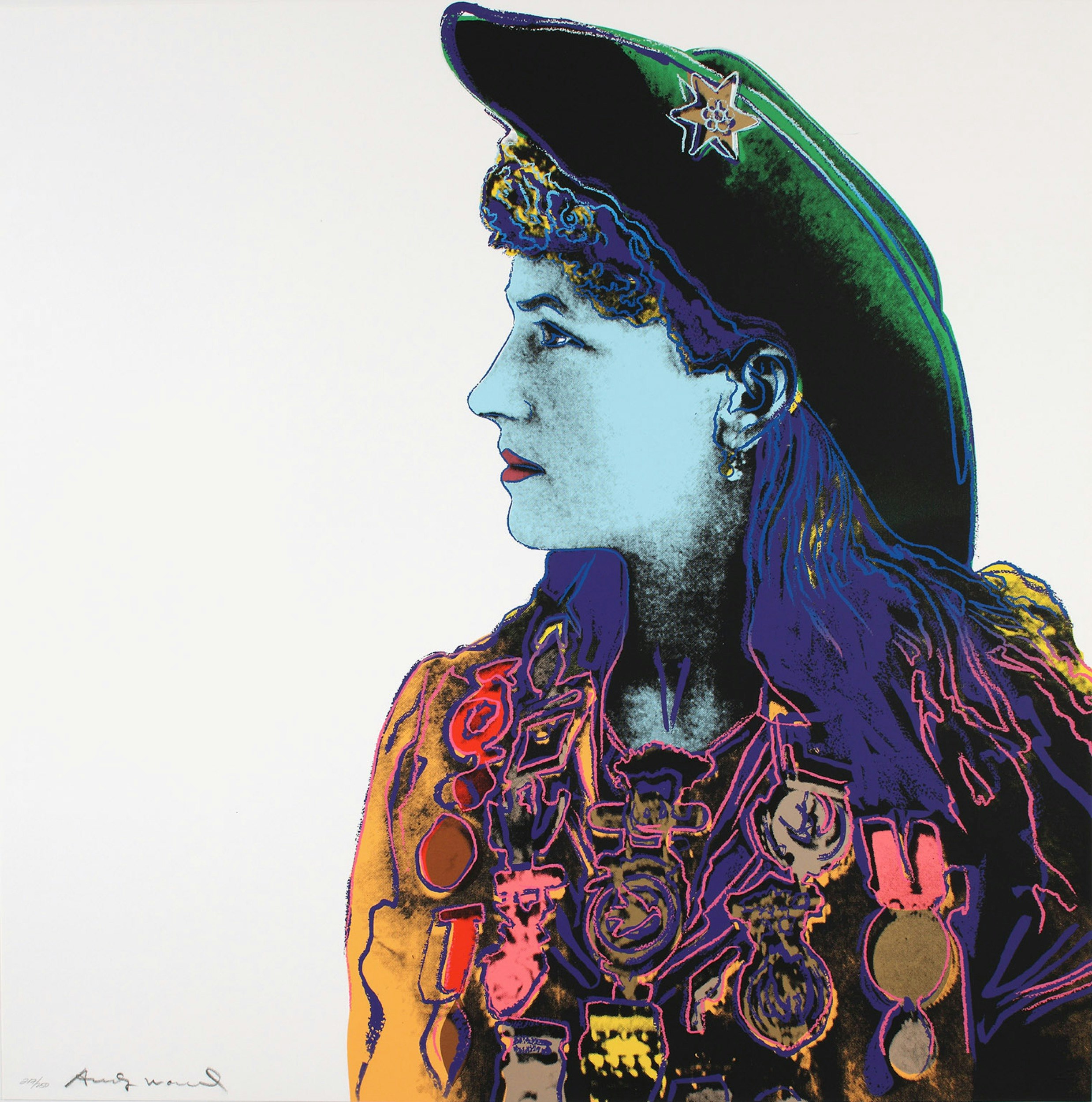 A black and white image of Annie Oakley is screen printed with colored lines and items; Andy Warhol in the US