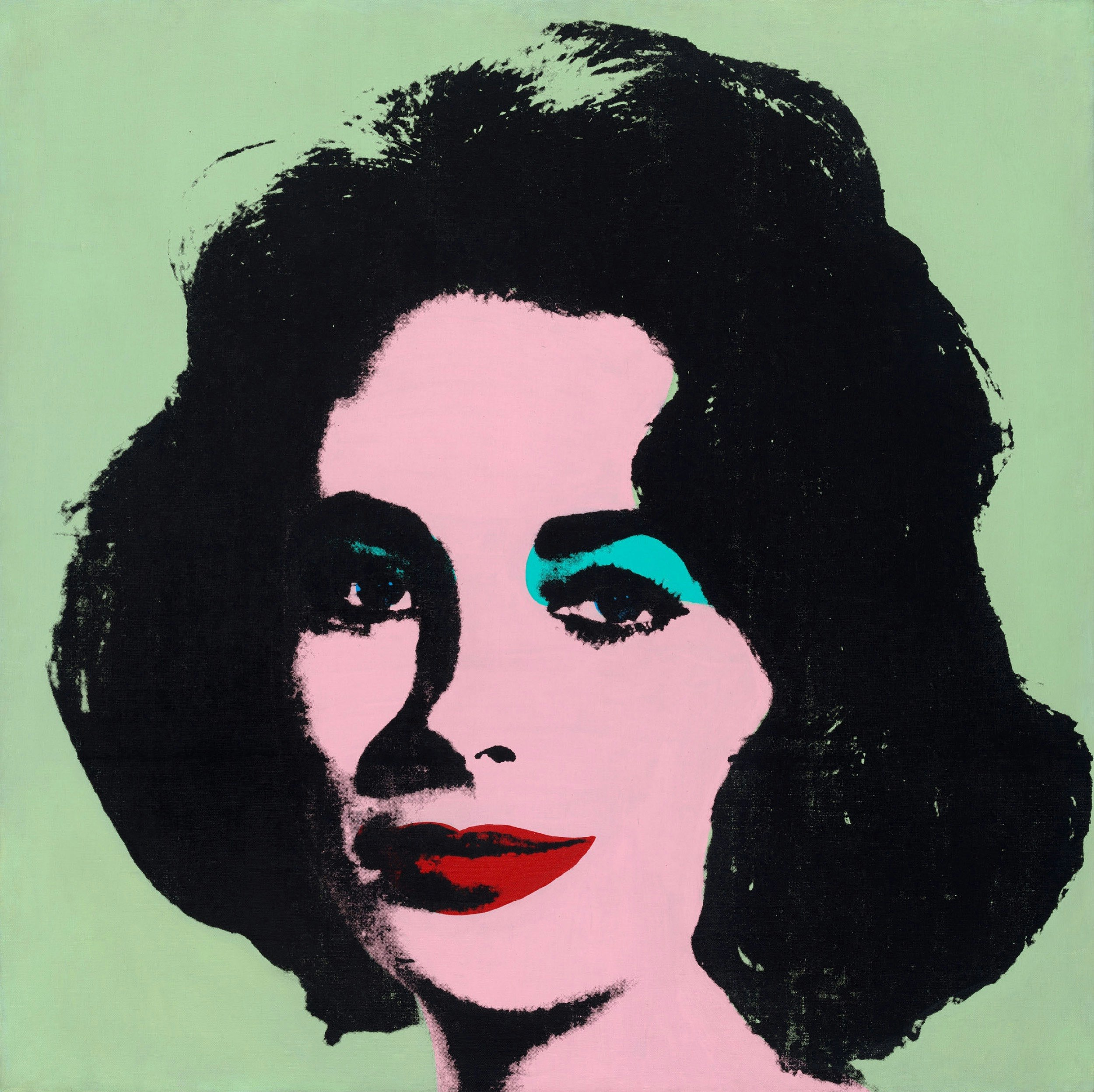 A screen printed portrait of Elizabeth Taylor with garish colors; Warhol in the US